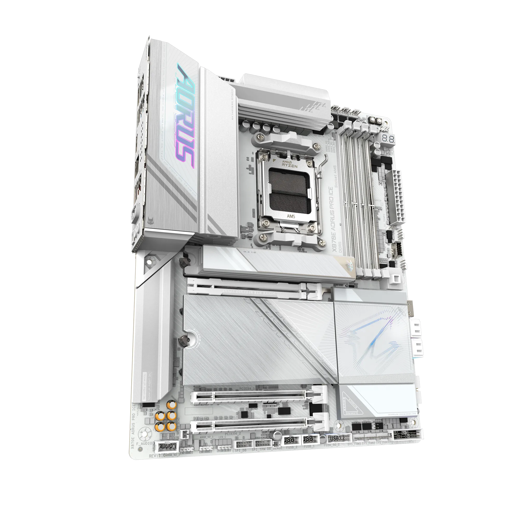 A large main feature product image of Gigabyte X870E AORUS PRO ICE AM5 ATX Desktop Motherboard