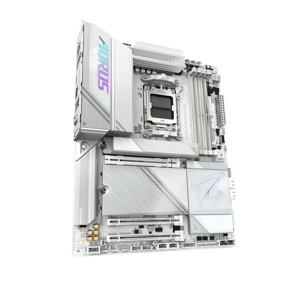 A large main feature product image of Gigabyte X870E AORUS PRO ICE AM5 ATX Desktop Motherboard