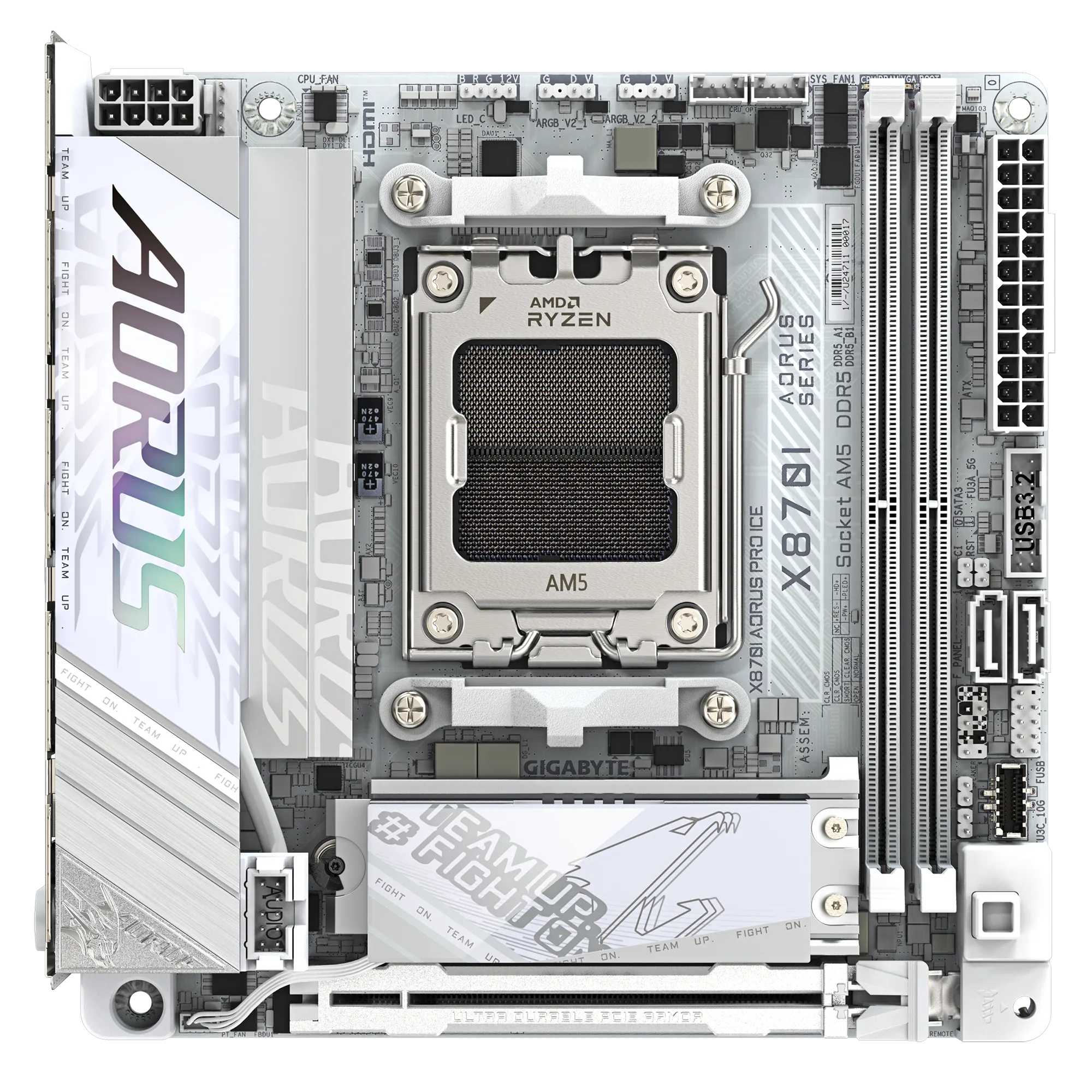 A large main feature product image of Gigabyte X870I AORUS PRO ICE AM5 Mini-ITX Desktop Motherboard