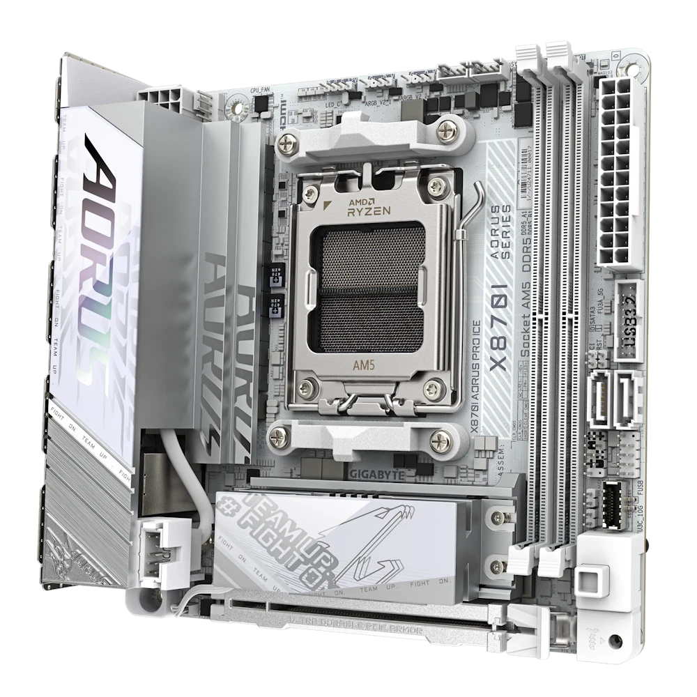 A large main feature product image of Gigabyte X870I AORUS PRO ICE AM5 Mini-ITX Desktop Motherboard