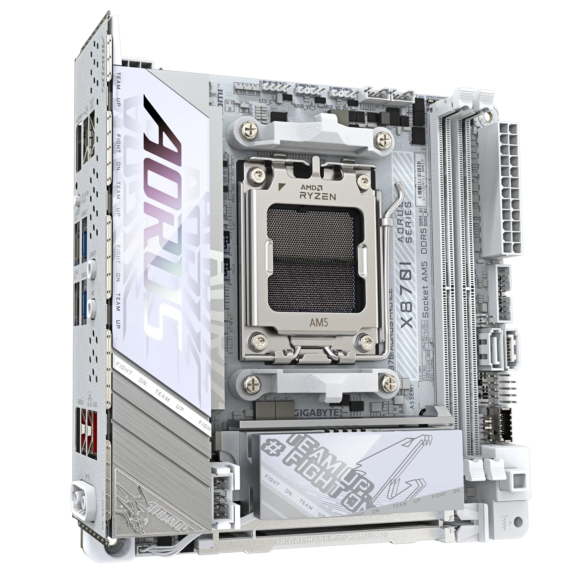 A large main feature product image of Gigabyte X870I AORUS PRO ICE AM5 Mini-ITX Desktop Motherboard