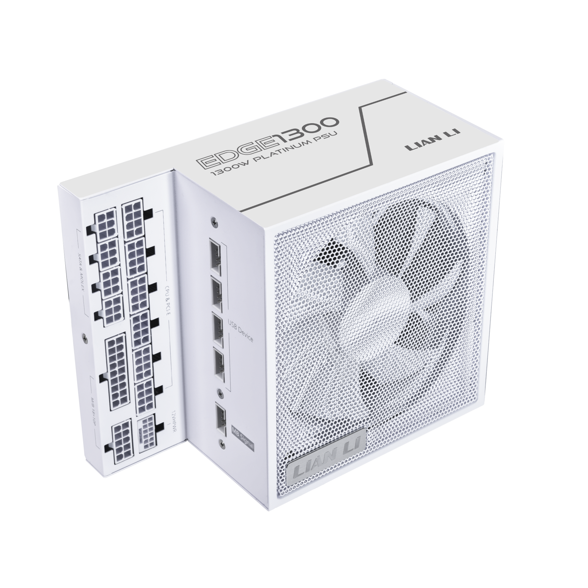 A large main feature product image of Lian Li Edge 1300W Platinum PCIe 5.1 ATX 3.1 Modular PSU (White)