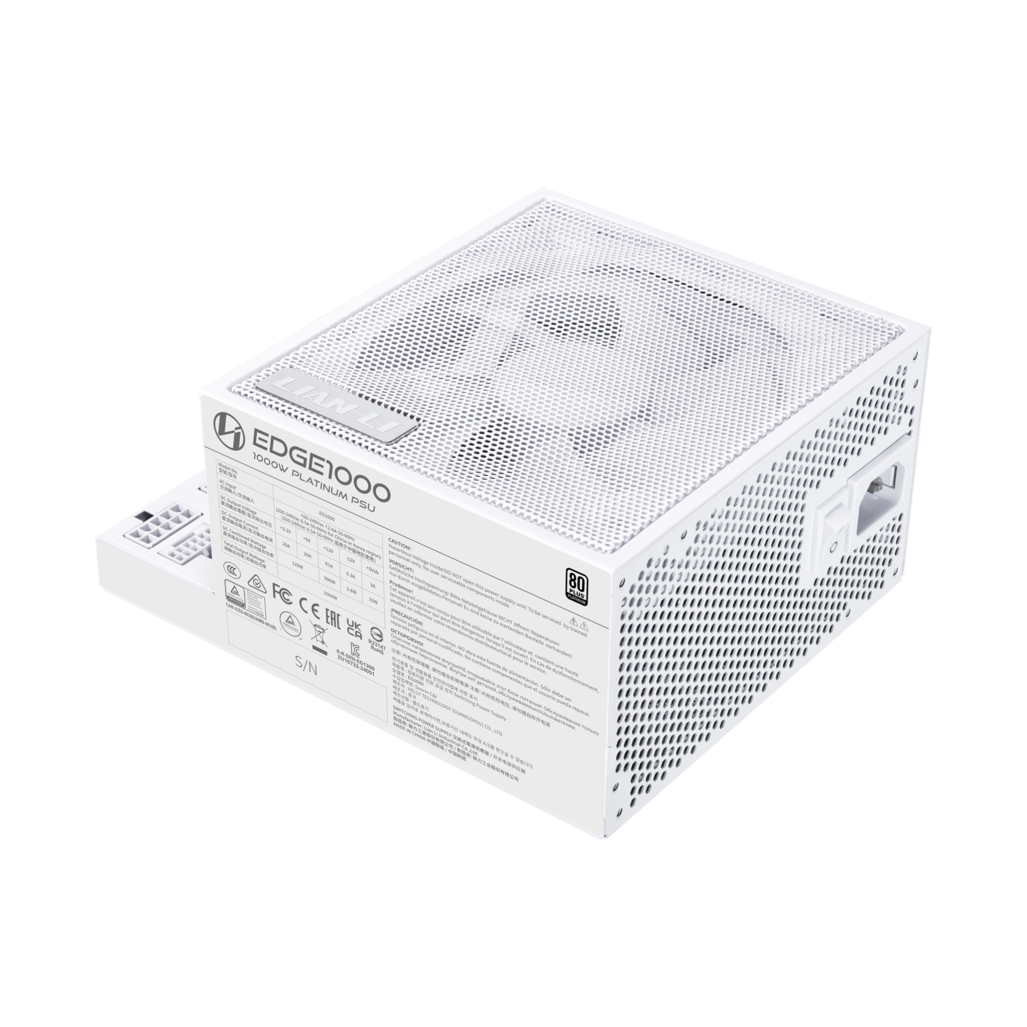 A large main feature product image of Lian Li Edge 1300W Platinum PCIe 5.1 ATX 3.1 Modular PSU (White)