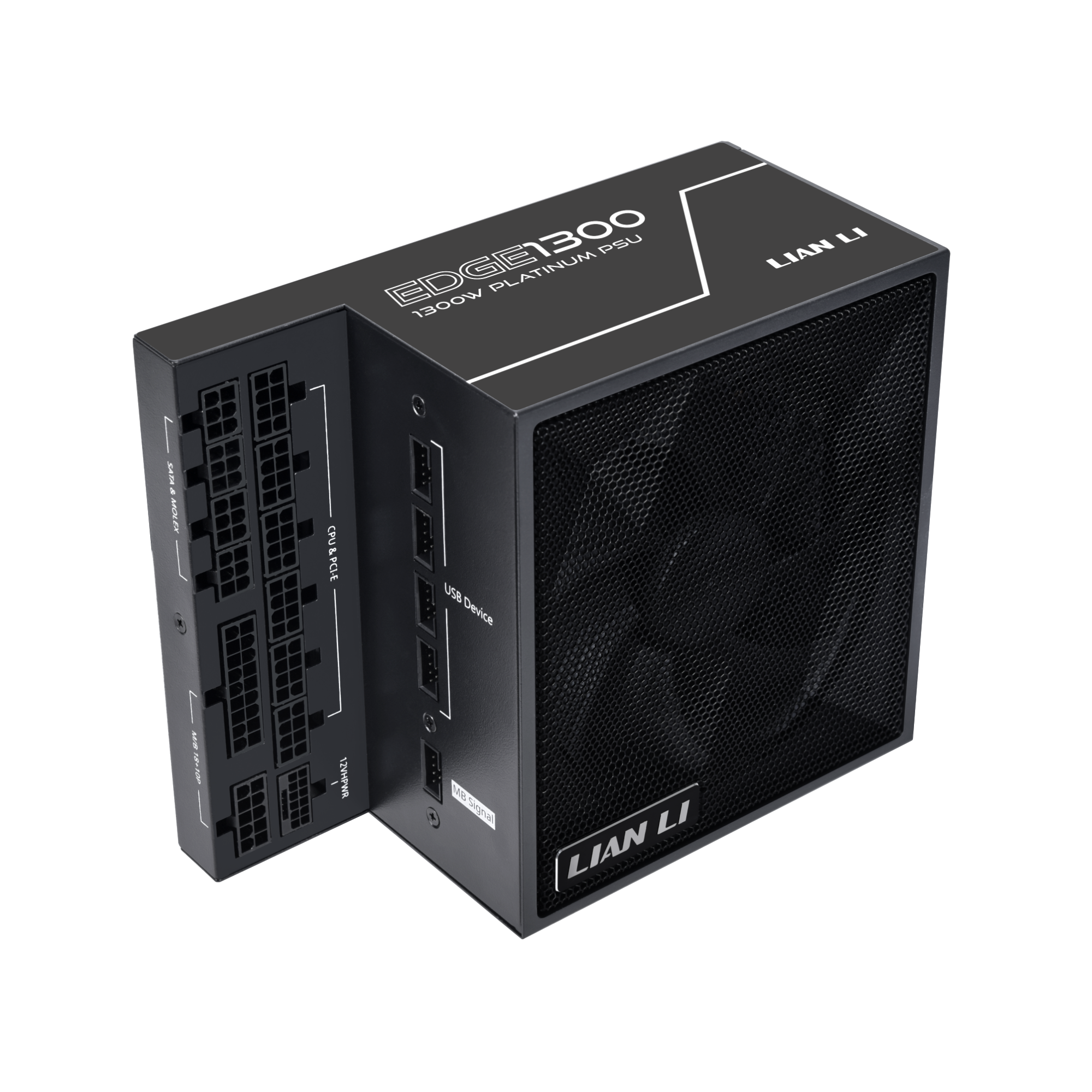 A large main feature product image of Lian Li Edge 1300W Platinum PCIe 5.1 ATX 3.1 Modular PSU
