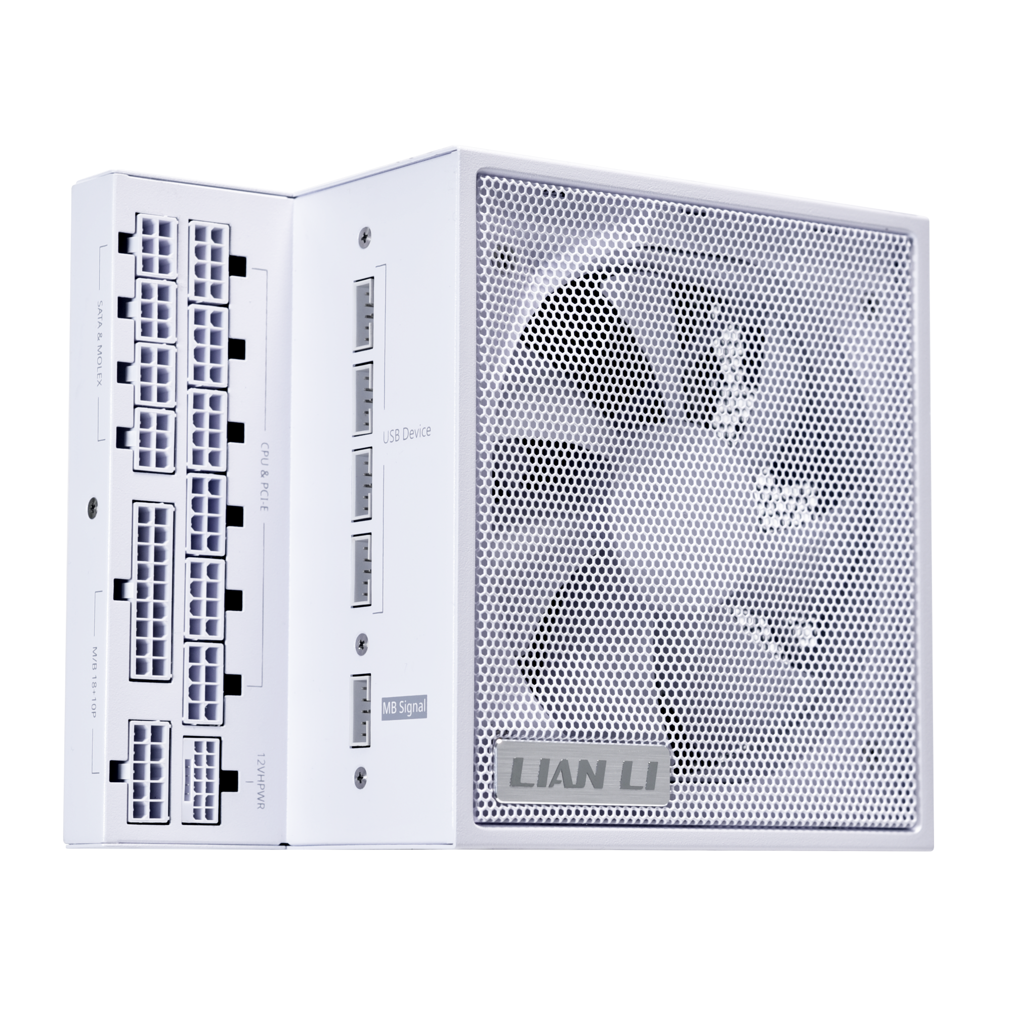 A large main feature product image of Lian Li Edge 1000W Platinum PCIe 5.1 ATX 3.1 Modular PSU (White)