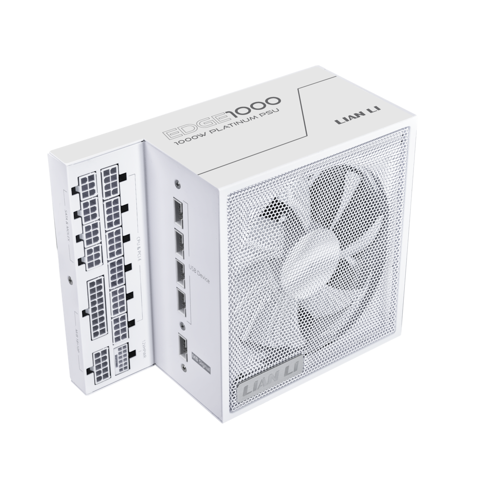 A large main feature product image of Lian Li Edge 1000W Platinum PCIe 5.1 ATX 3.1 Modular PSU (White)