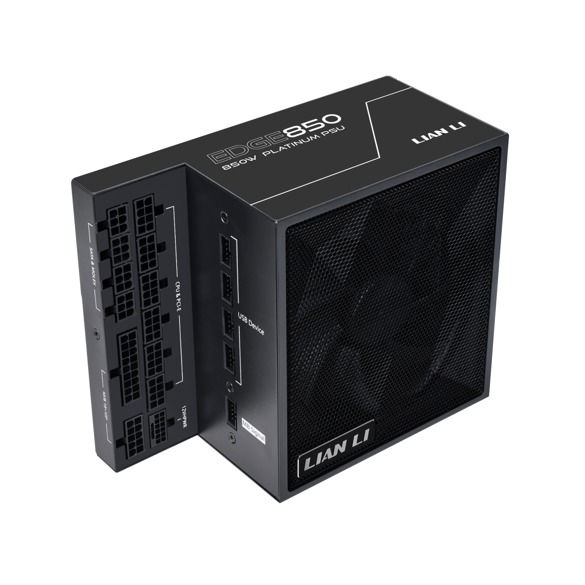 A large main feature product image of Lian Li Edge 850W Platinum PCIe 5.1 ATX 3.1 Modular PSU