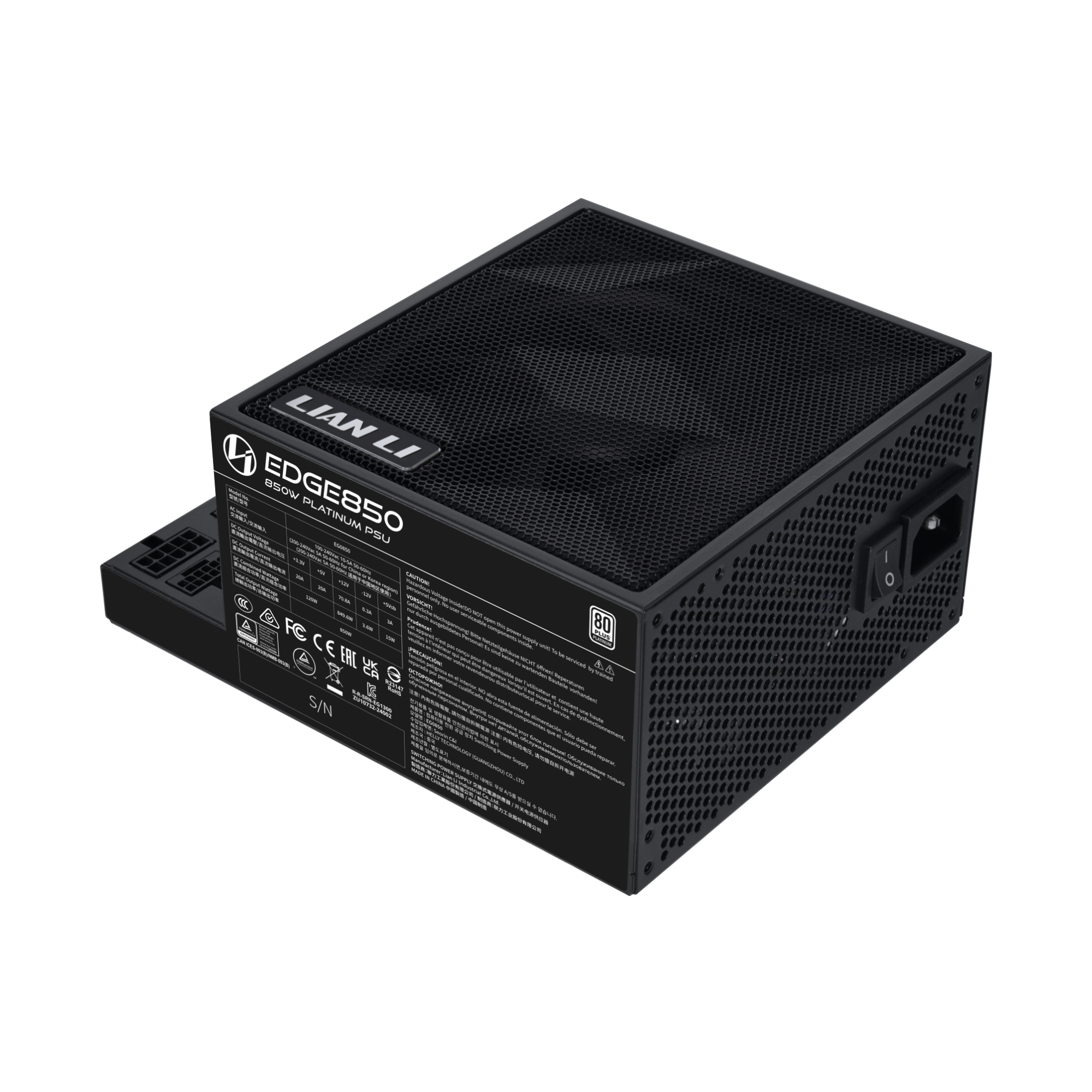 A large main feature product image of Lian Li Edge 850W Platinum PCIe 5.1 ATX 3.1 Modular PSU