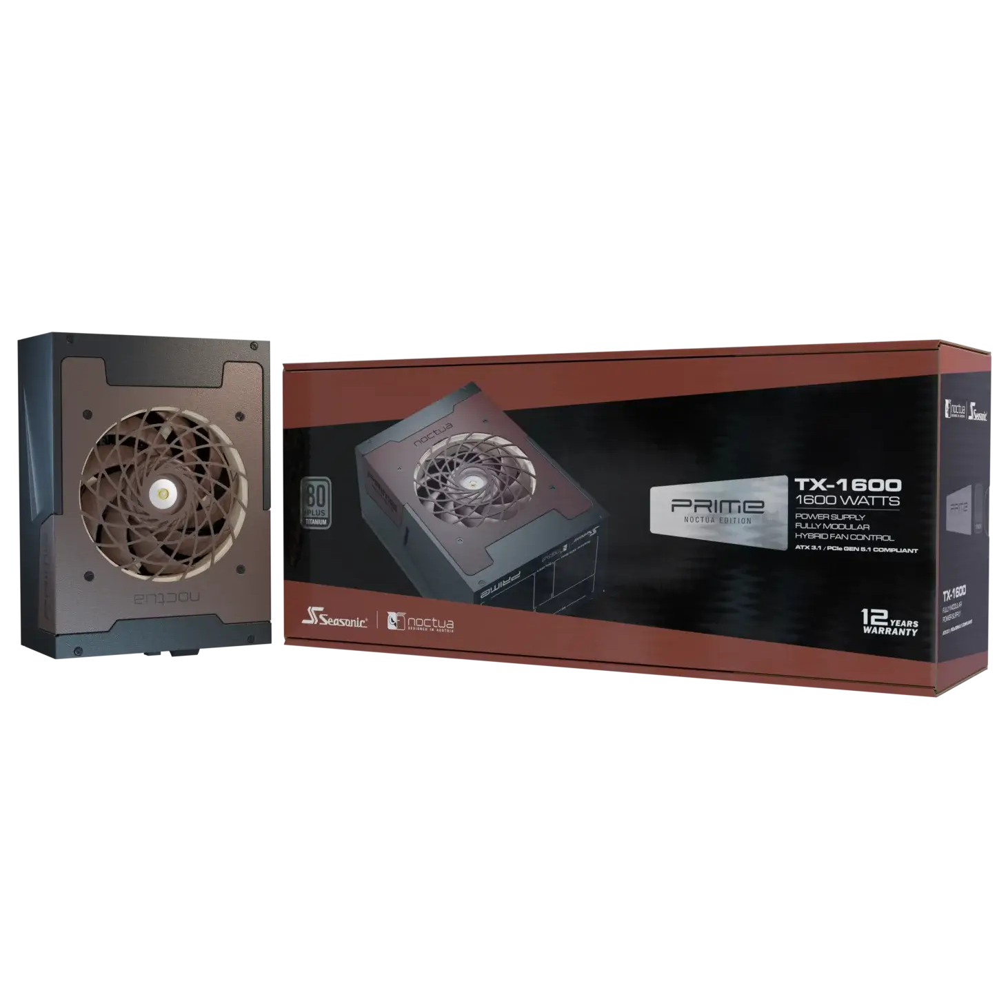 A large main feature product image of Seasonic PRIME TX 1600W Titanium PCIe 5.1 ATX 3.1 Modular PSU (Noctua Edition)