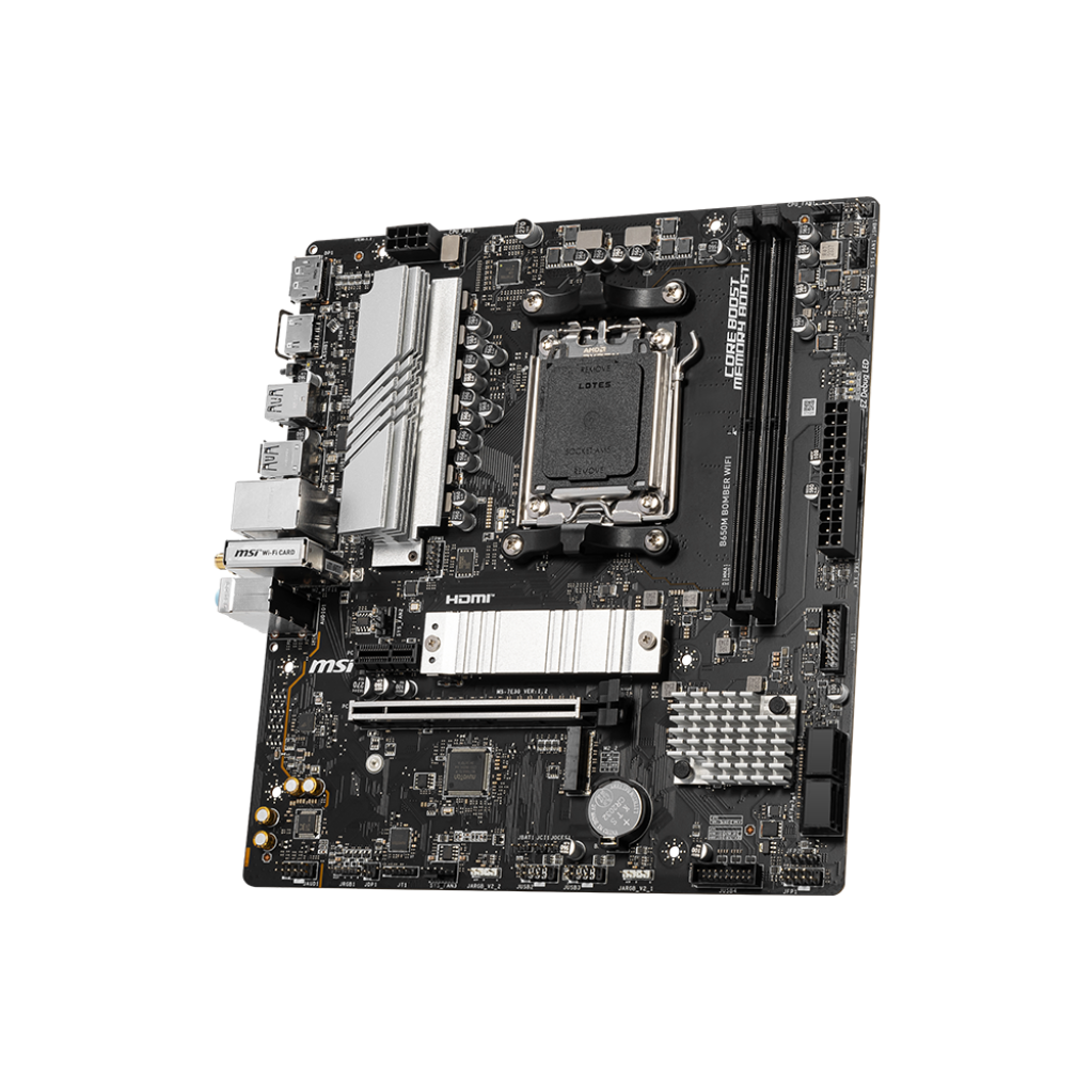 A large main feature product image of MSI B650M Bomber WiFi AM5 mATX Desktop Motherboard