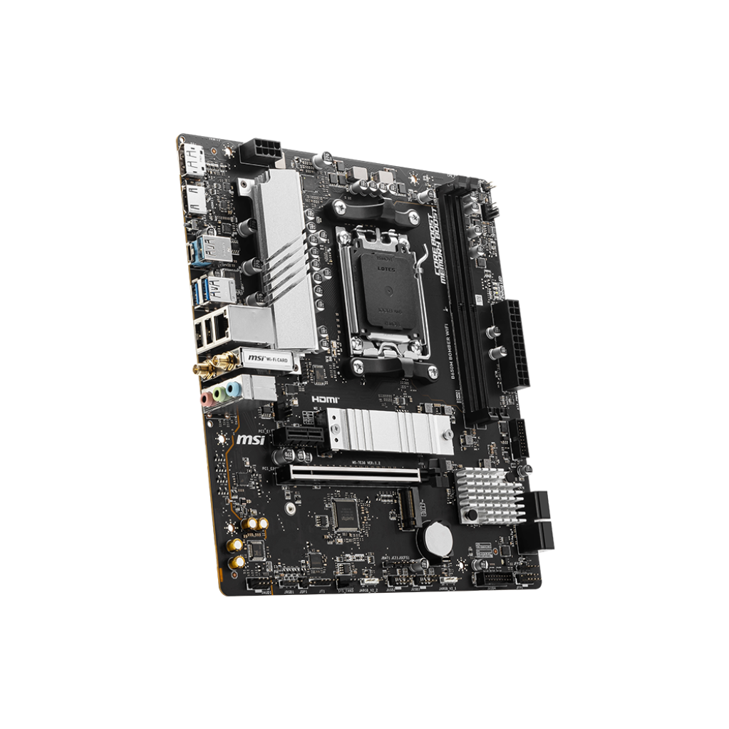 A large main feature product image of MSI B650M Bomber WiFi AM5 mATX Desktop Motherboard