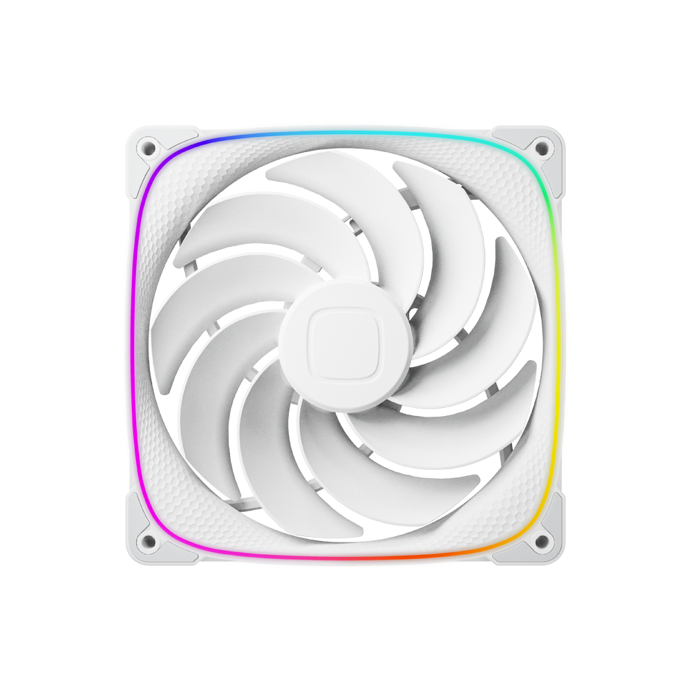 A large main feature product image of Geometric Future Squama 2503R - 140mm ARGB Reverse Blade PWM Fan 3-Pack (White)