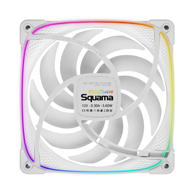 A large main feature product image of Geometric Future Squama 2503R - 140mm ARGB Reverse Blade PWM Fan 3-Pack (White)