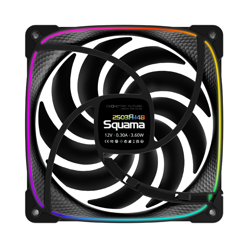 A large main feature product image of Geometric Future Squama 2503R - 140mm ARGB Reverse Blade PWM Fan 3-Pack (Black)