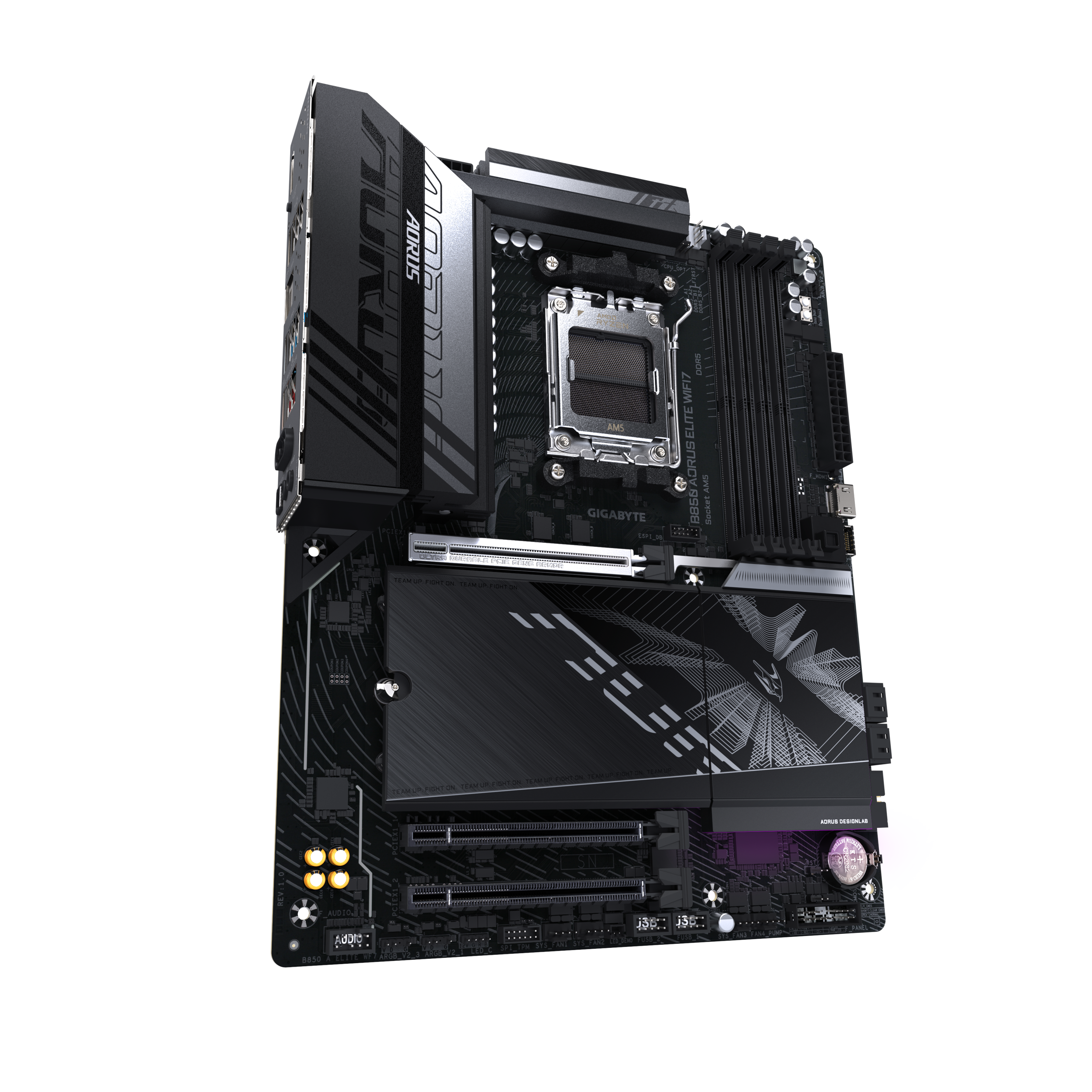 A large main feature product image of Gigabyte B850 AORUS ELITE WIFI7 AM5 ATX Desktop Motherboard