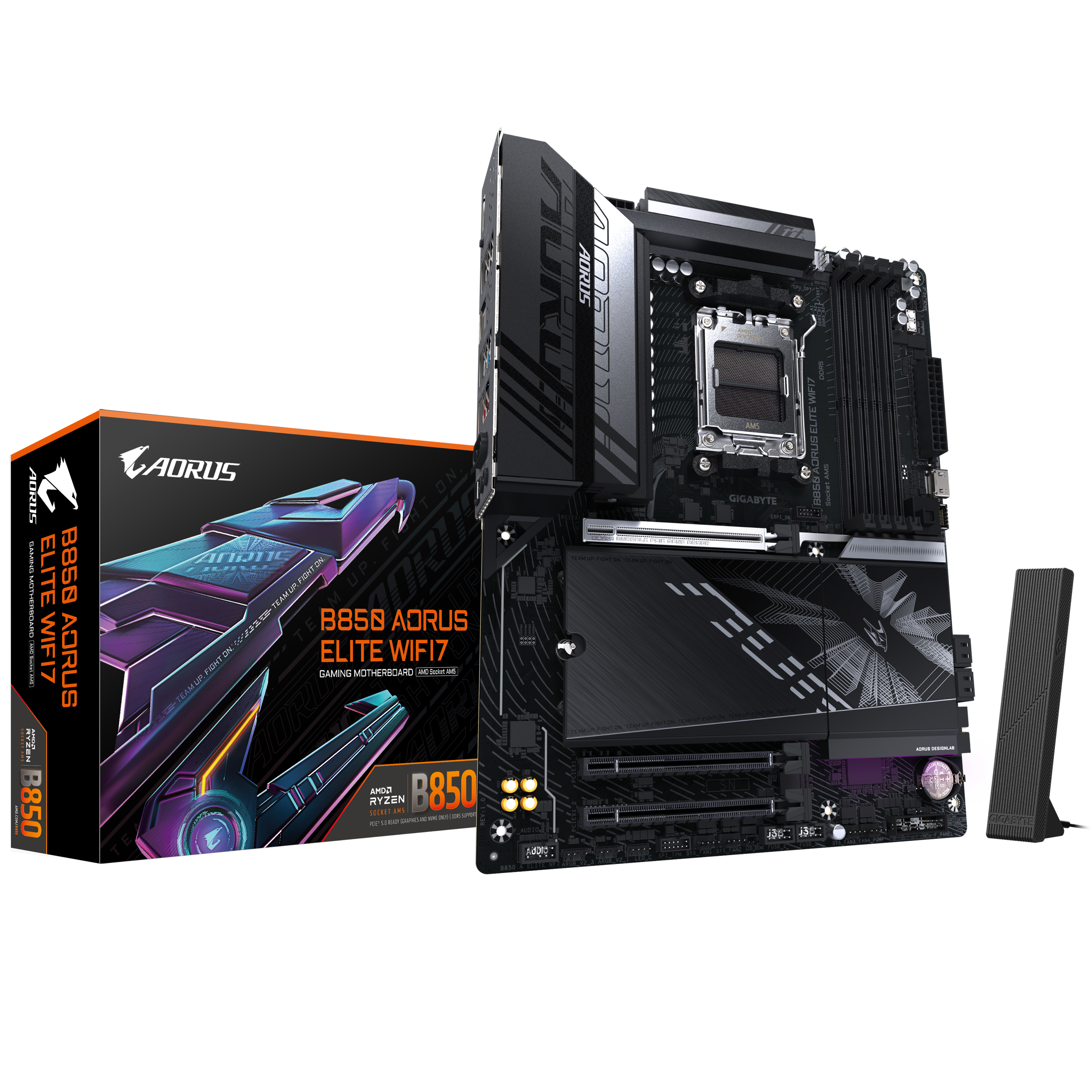 A large main feature product image of Gigabyte B850 AORUS ELITE WIFI7 AM5 ATX Desktop Motherboard