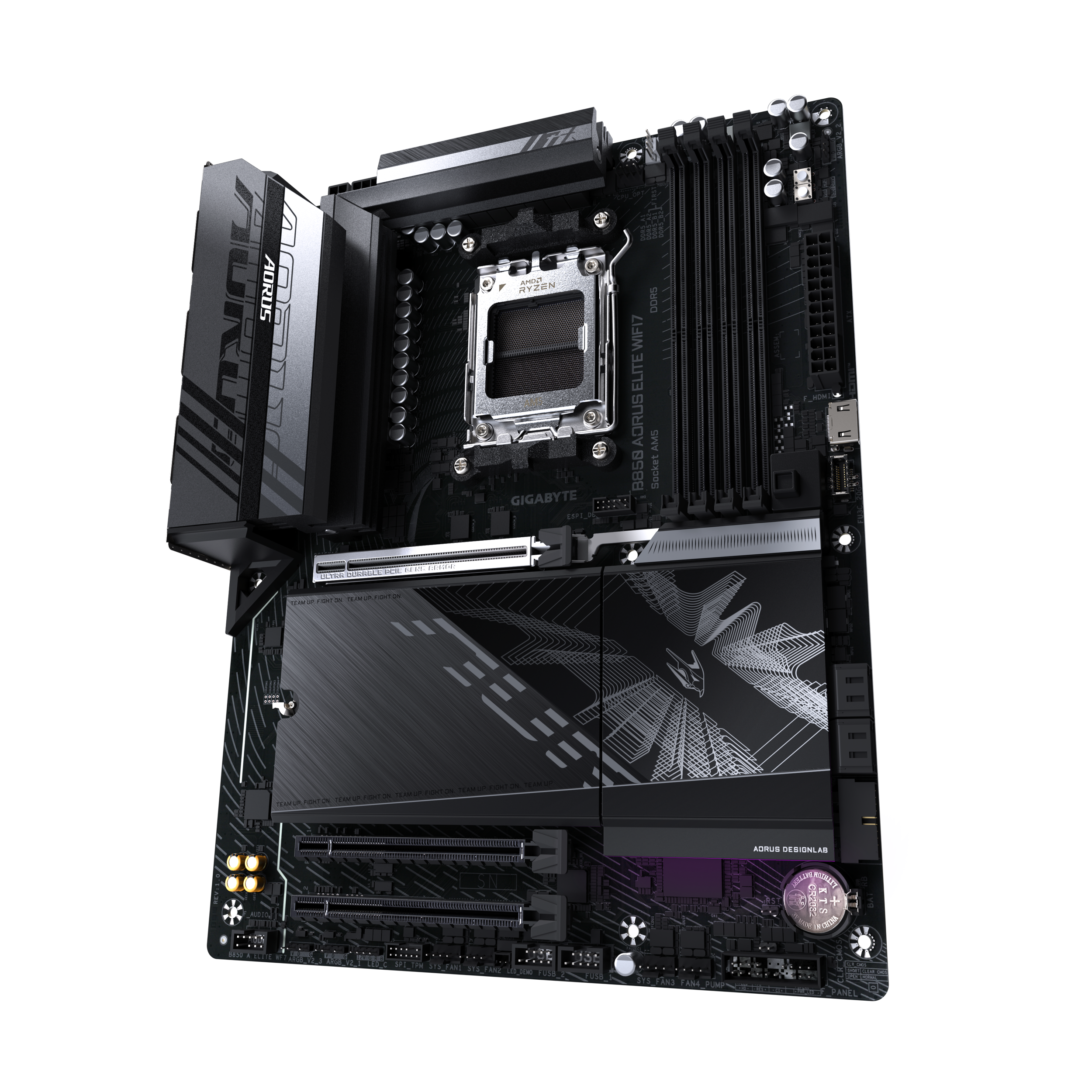 A large main feature product image of Gigabyte B850 AORUS ELITE WIFI7 AM5 ATX Desktop Motherboard