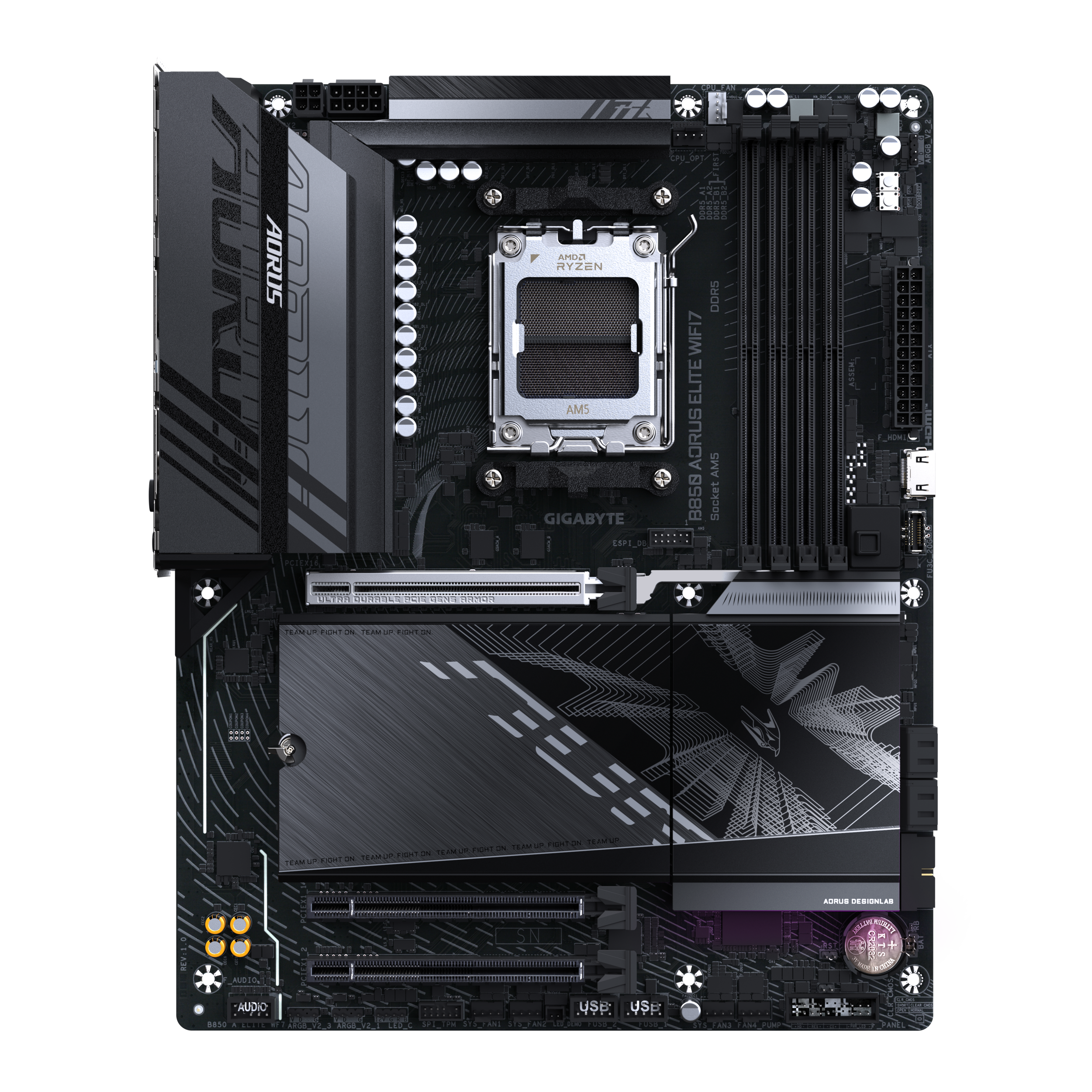A large main feature product image of Gigabyte B850 AORUS ELITE WIFI7 AM5 ATX Desktop Motherboard