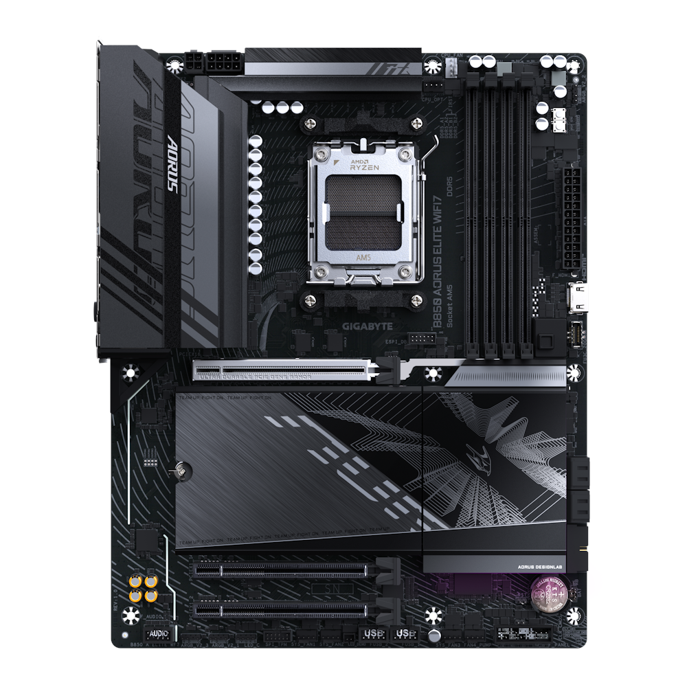 A large main feature product image of Gigabyte B850 AORUS ELITE WIFI7 AM5 ATX Desktop Motherboard