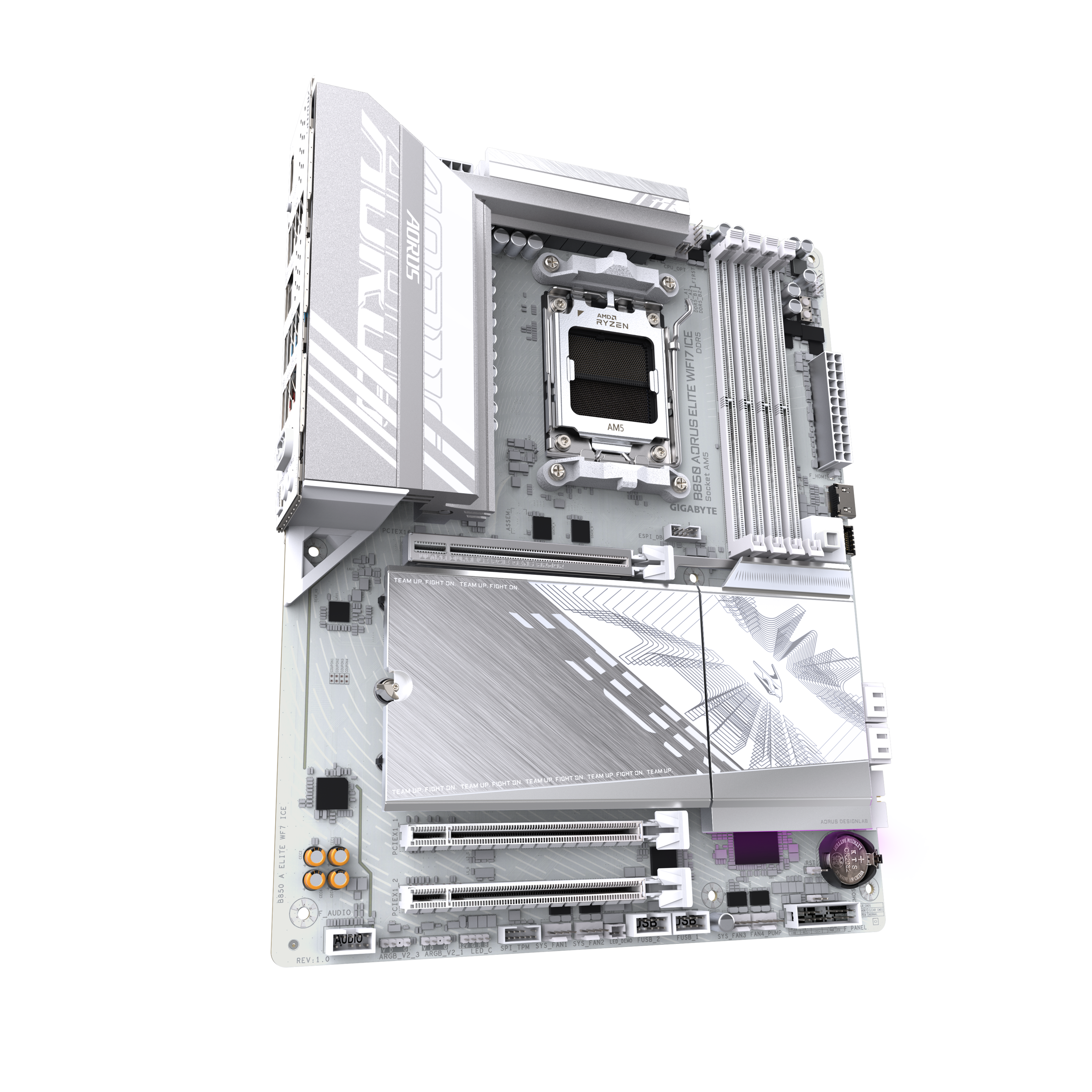 A large main feature product image of Gigabyte B850 AORUS ELITE WIFI7 ICE AM5 ATX Deskotp Motherboard