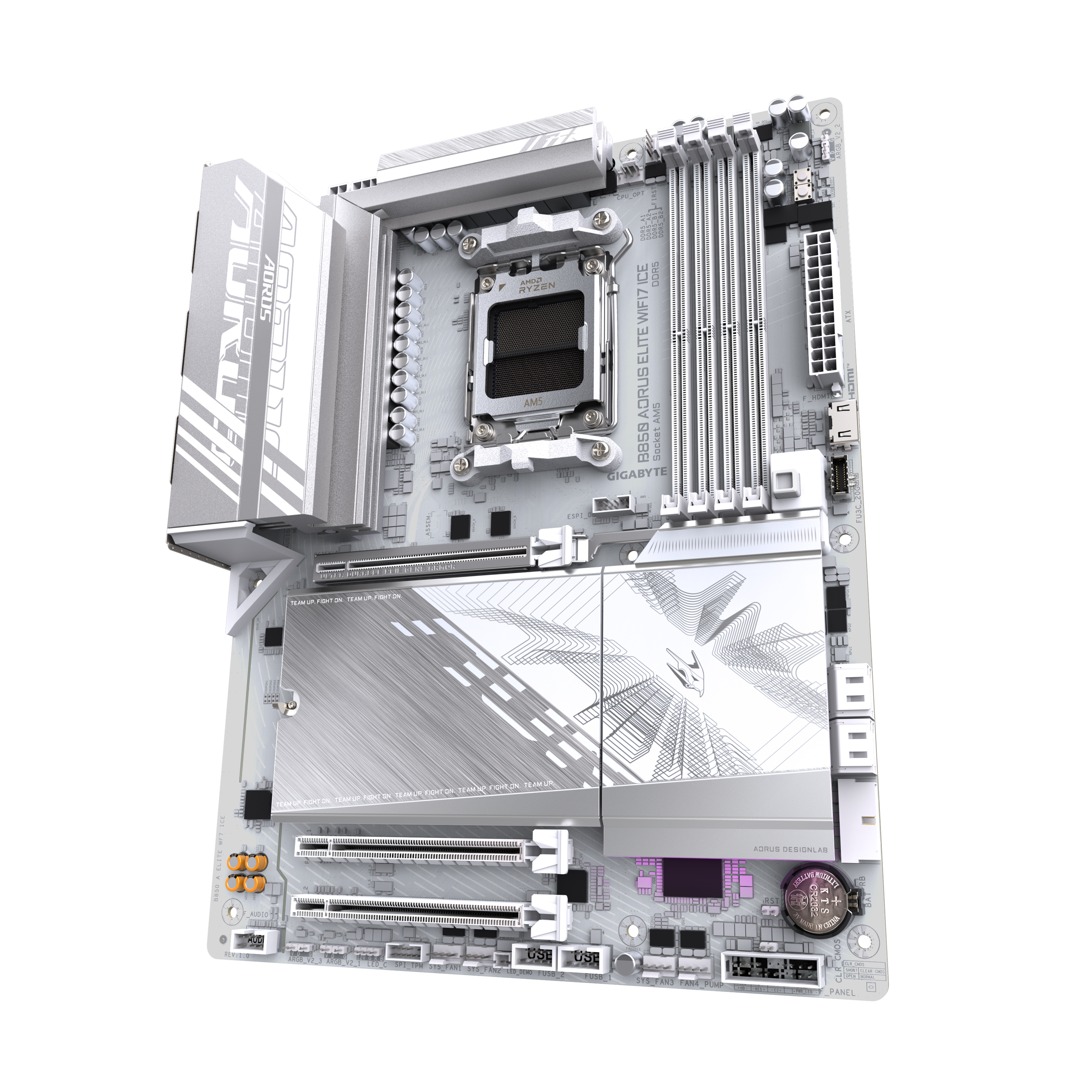 A large main feature product image of Gigabyte B850 AORUS ELITE WIFI7 ICE AM5 ATX Deskotp Motherboard