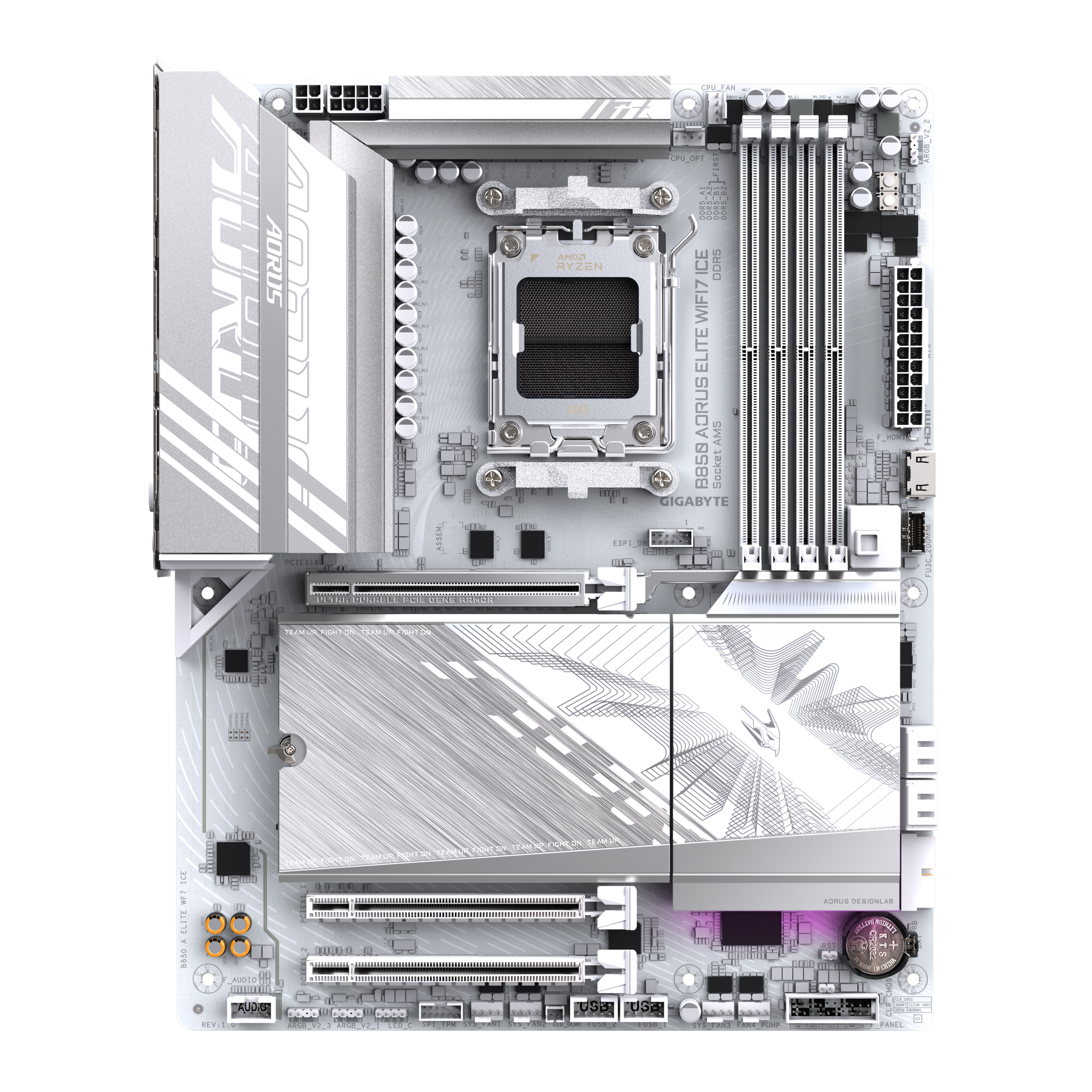 A large main feature product image of Gigabyte B850 AORUS ELITE WIFI7 ICE AM5 ATX Deskotp Motherboard