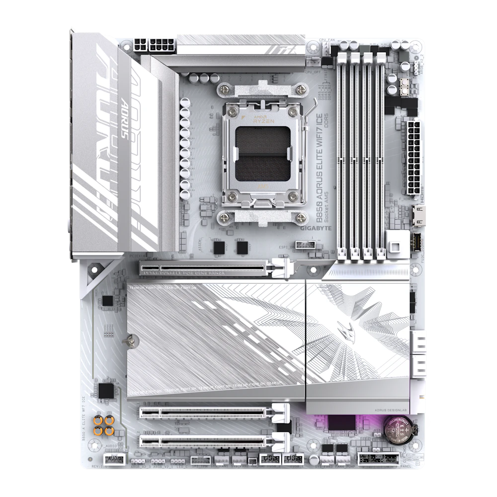 A large main feature product image of Gigabyte B850 AORUS ELITE WIFI7 ICE AM5 ATX Desktop Motherboard