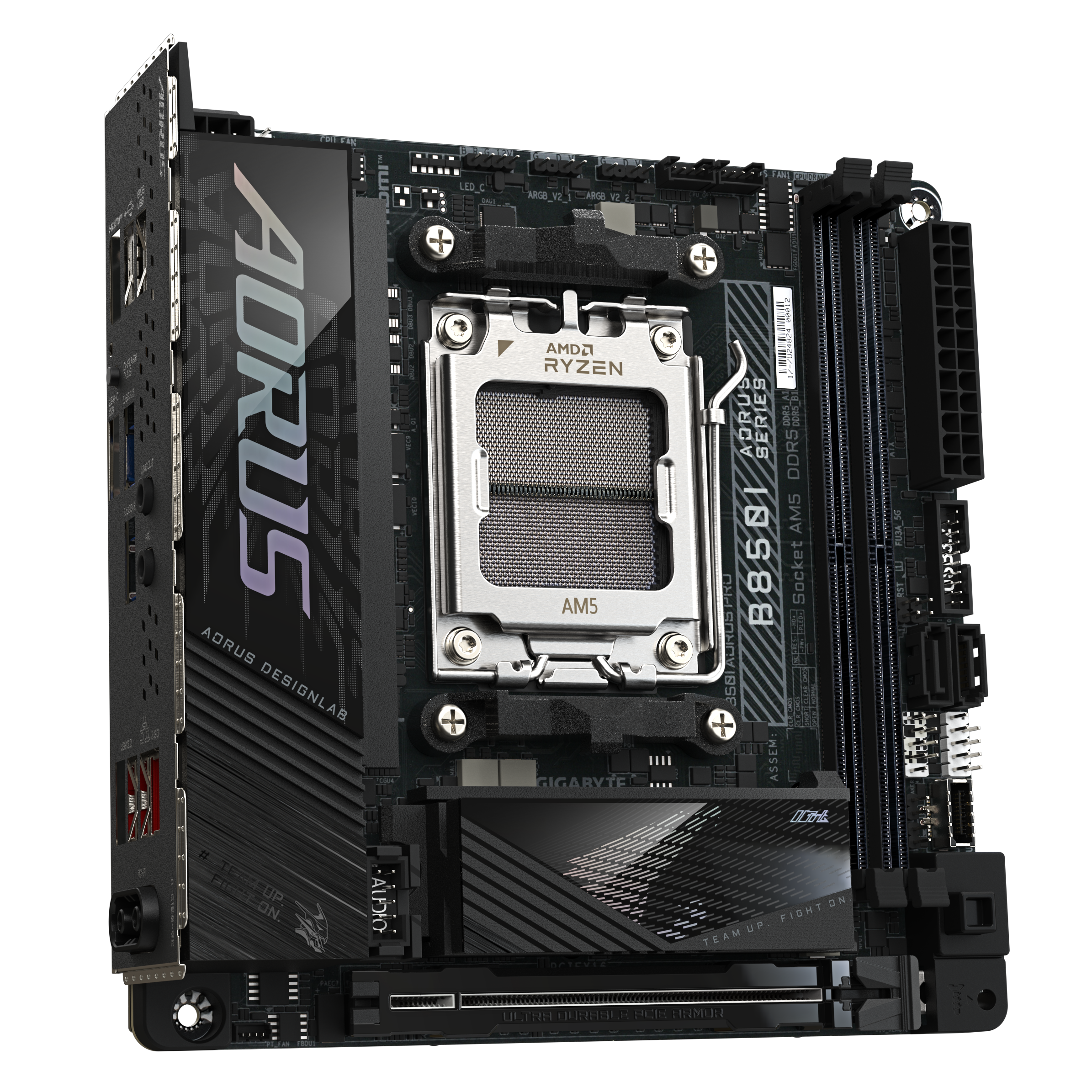 A large main feature product image of Gigabyte B850I AORUS PRO AM5 Mini-ITX Desktop Motherboard