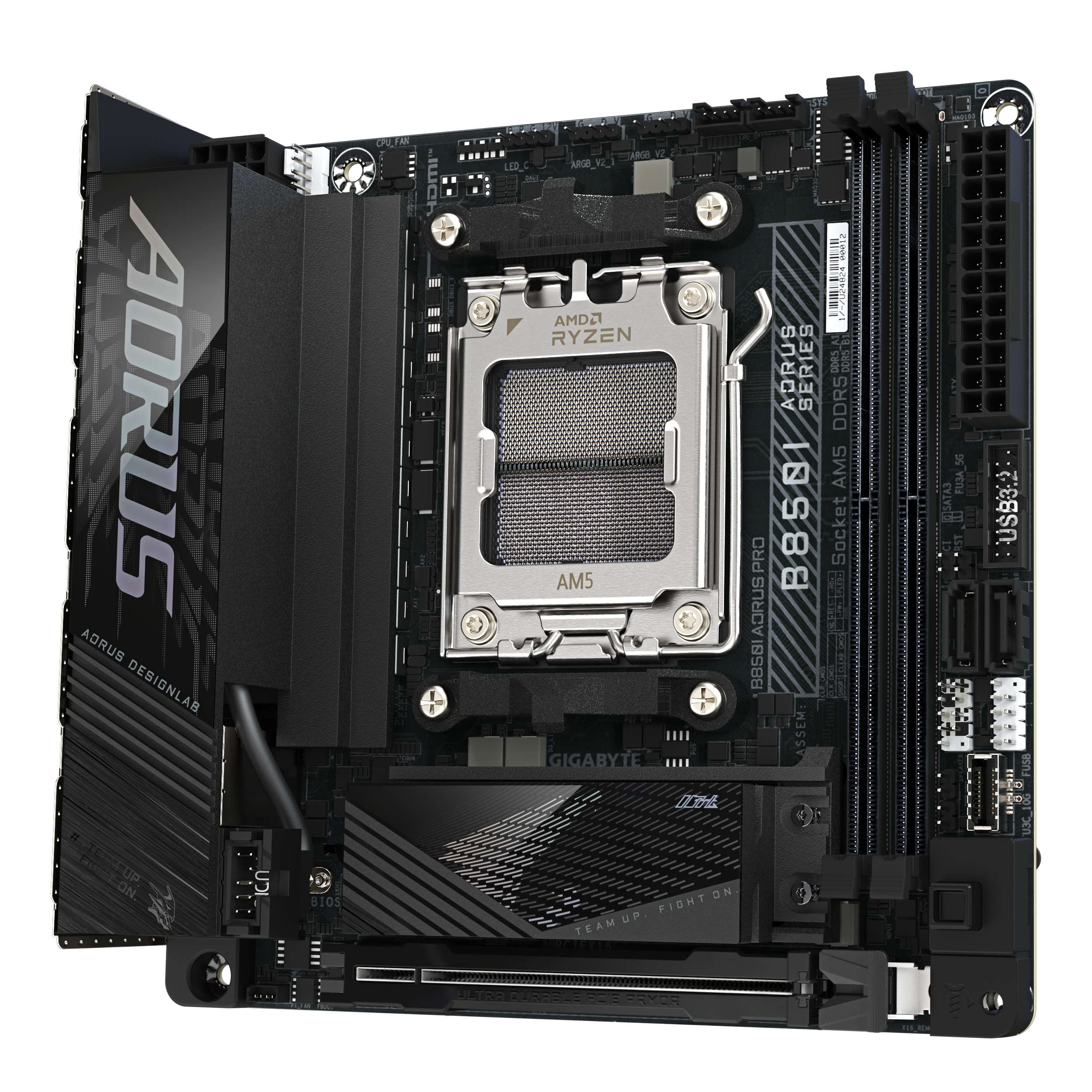 A large main feature product image of Gigabyte B850I AORUS PRO AM5 Mini-ITX Desktop Motherboard