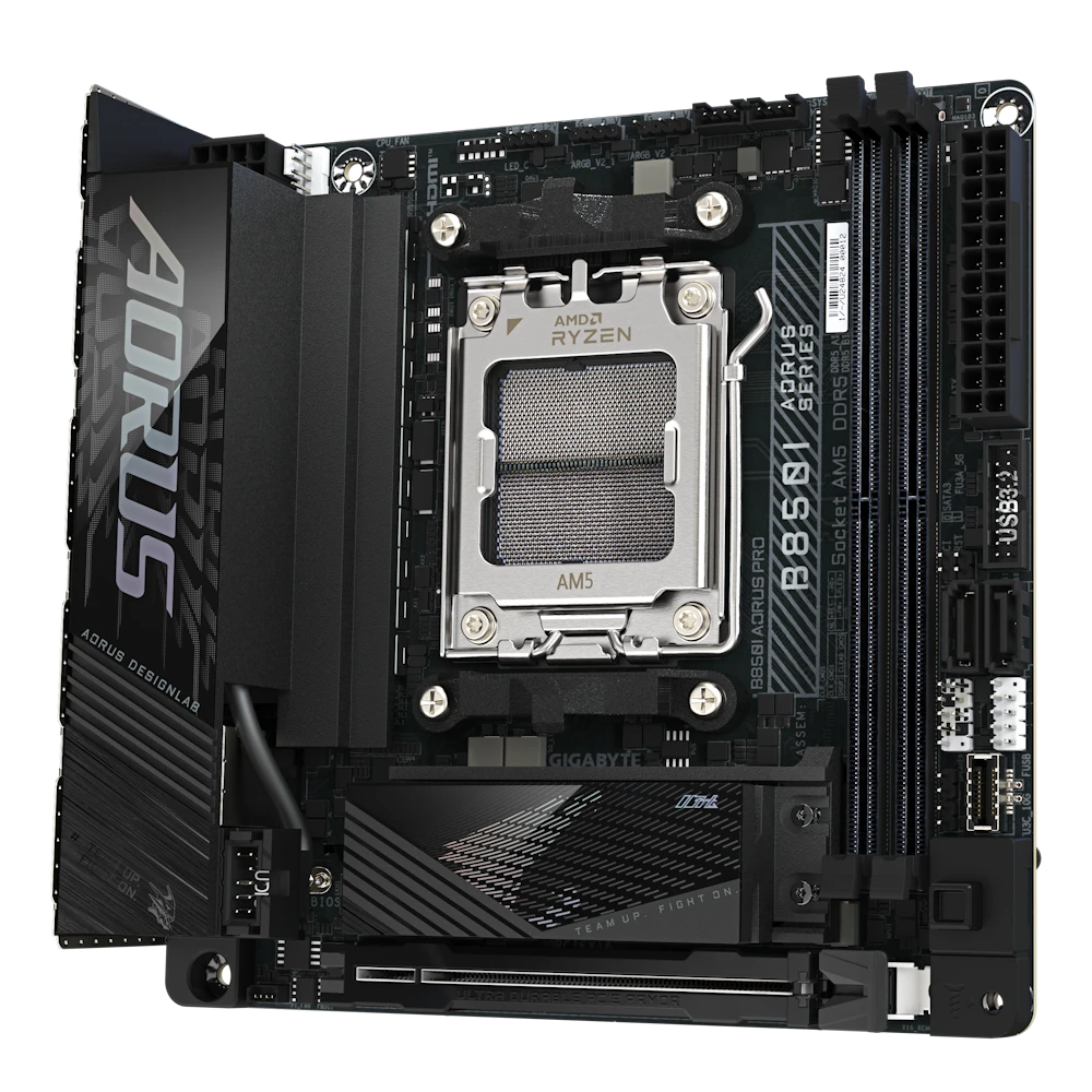 A large main feature product image of Gigabyte B850I AORUS PRO AM5 Mini-ITX Desktop Motherboard