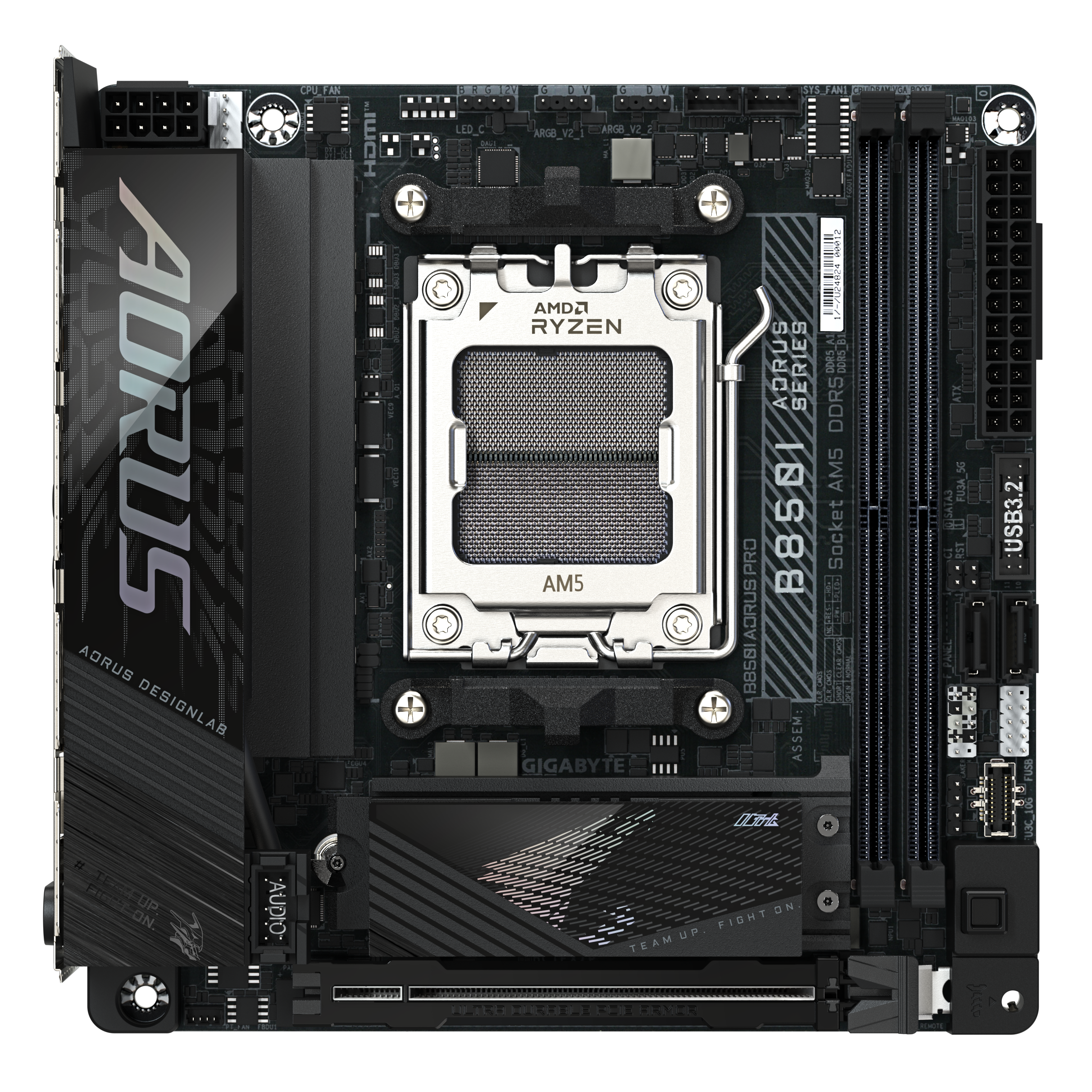 A large main feature product image of Gigabyte B850I AORUS PRO AM5 Mini-ITX Desktop Motherboard
