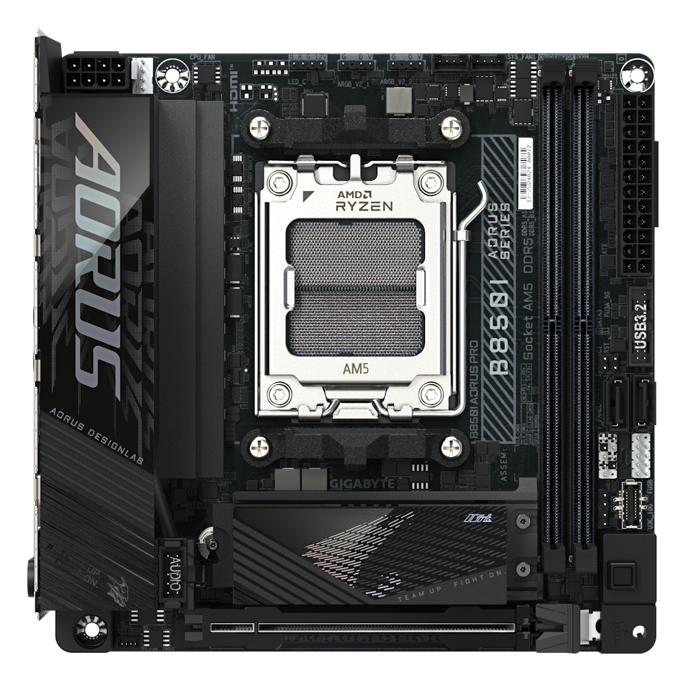 A large main feature product image of Gigabyte B850I AORUS PRO AM5 Mini-ITX Desktop Motherboard