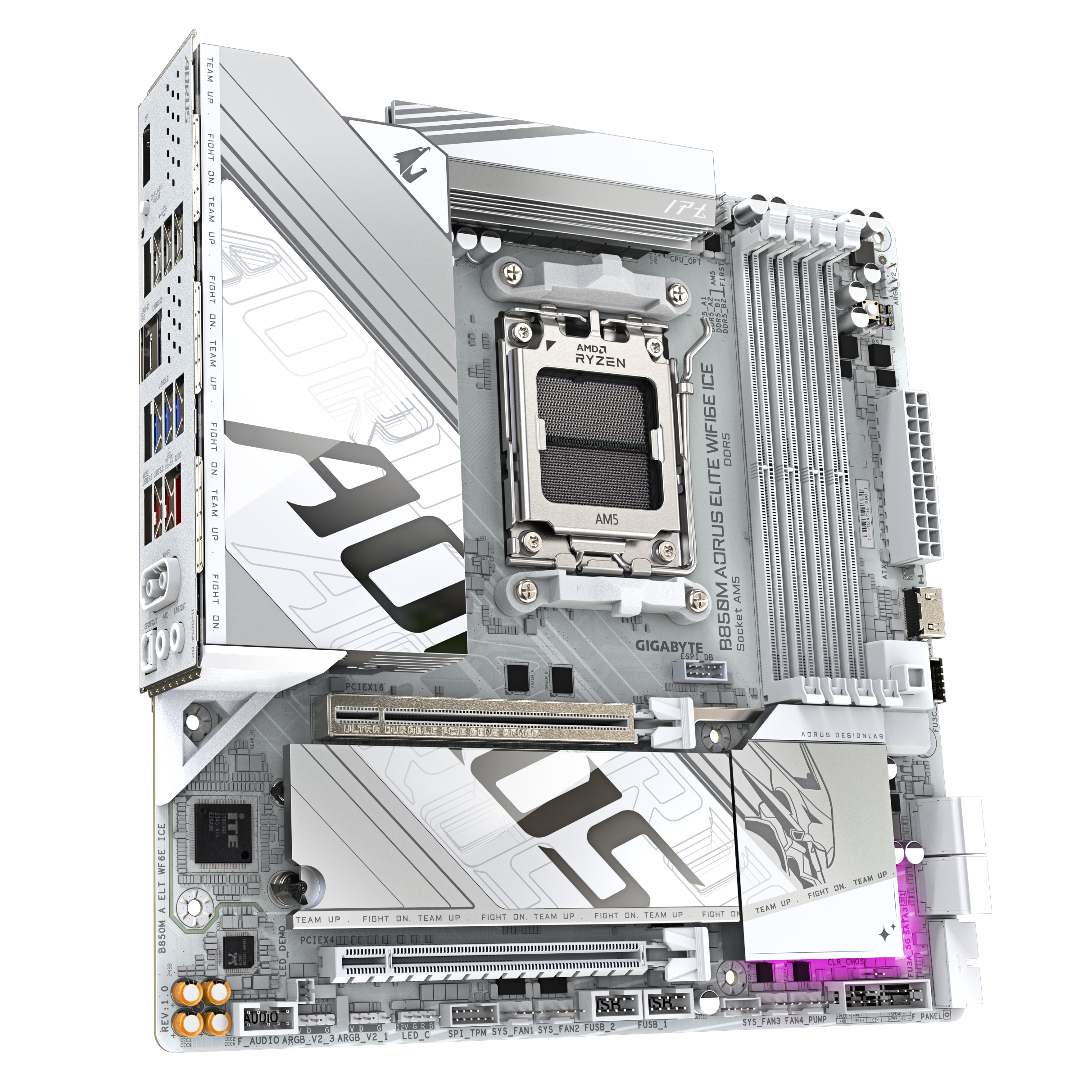 A large main feature product image of Gigabyte B850M AORUS ELITE WIFI6E ICE AM5 mATX Desktop Motherboard