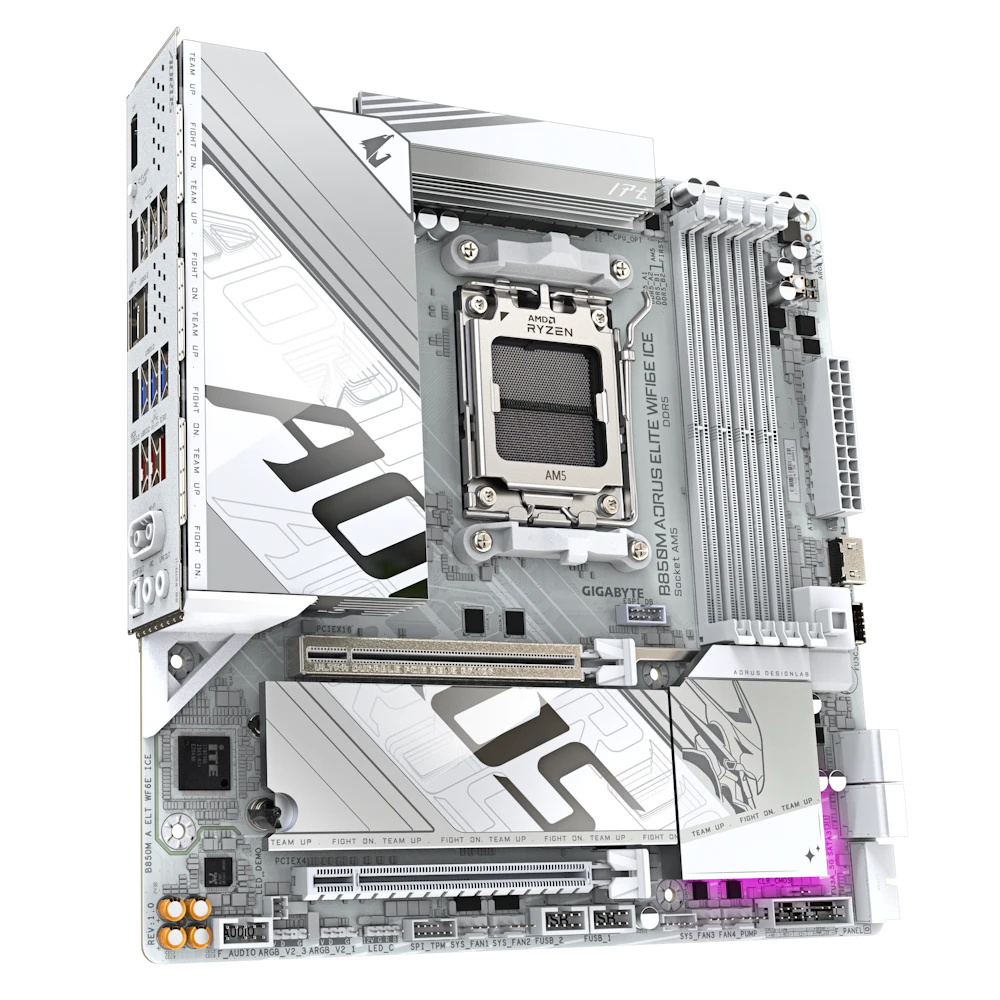 A large main feature product image of Gigabyte B850M AORUS ELITE WIFI6E ICE AM5 mATX Desktop Motherboard