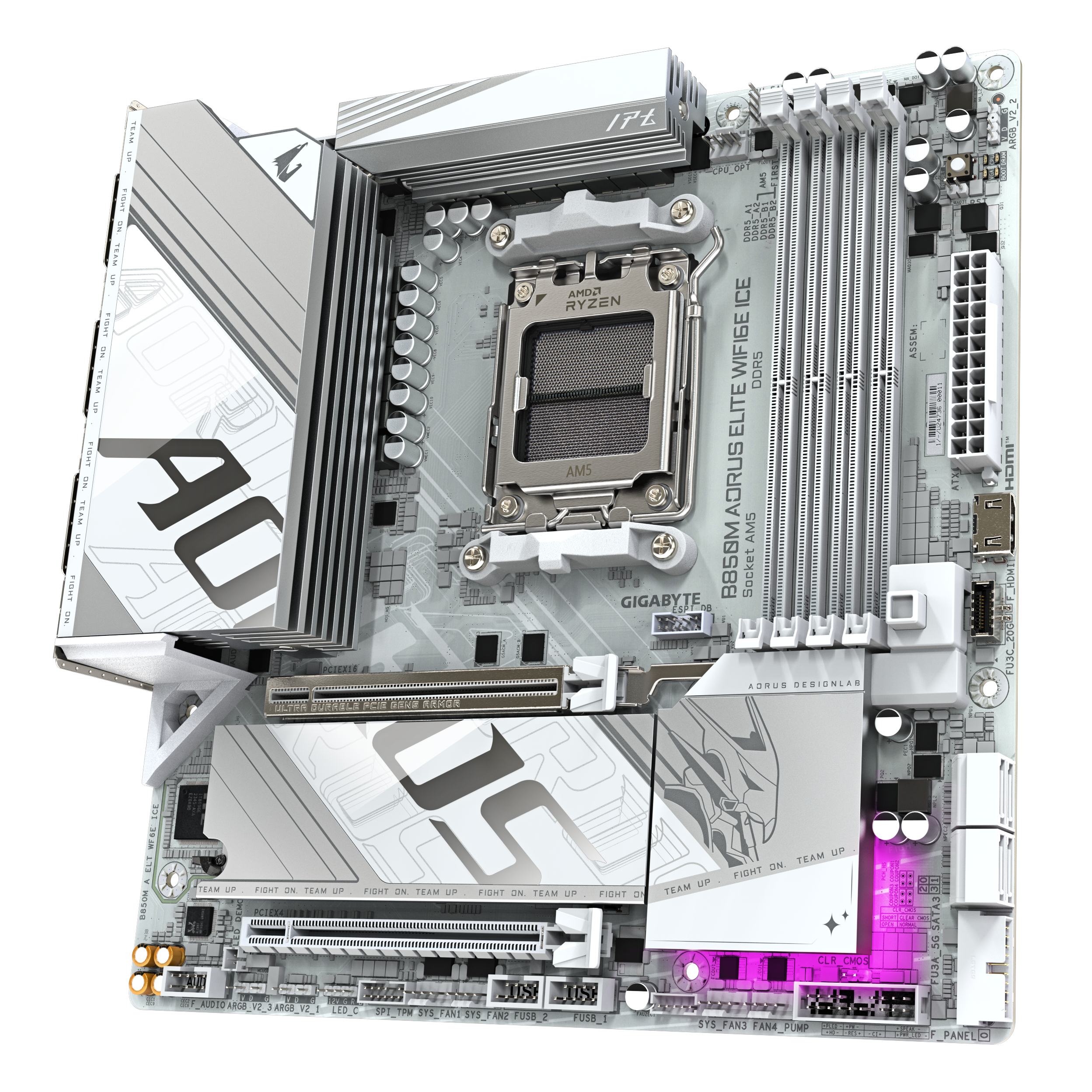 A large main feature product image of Gigabyte B850M AORUS ELITE WIFI6E ICE AM5 mATX Desktop Motherboard