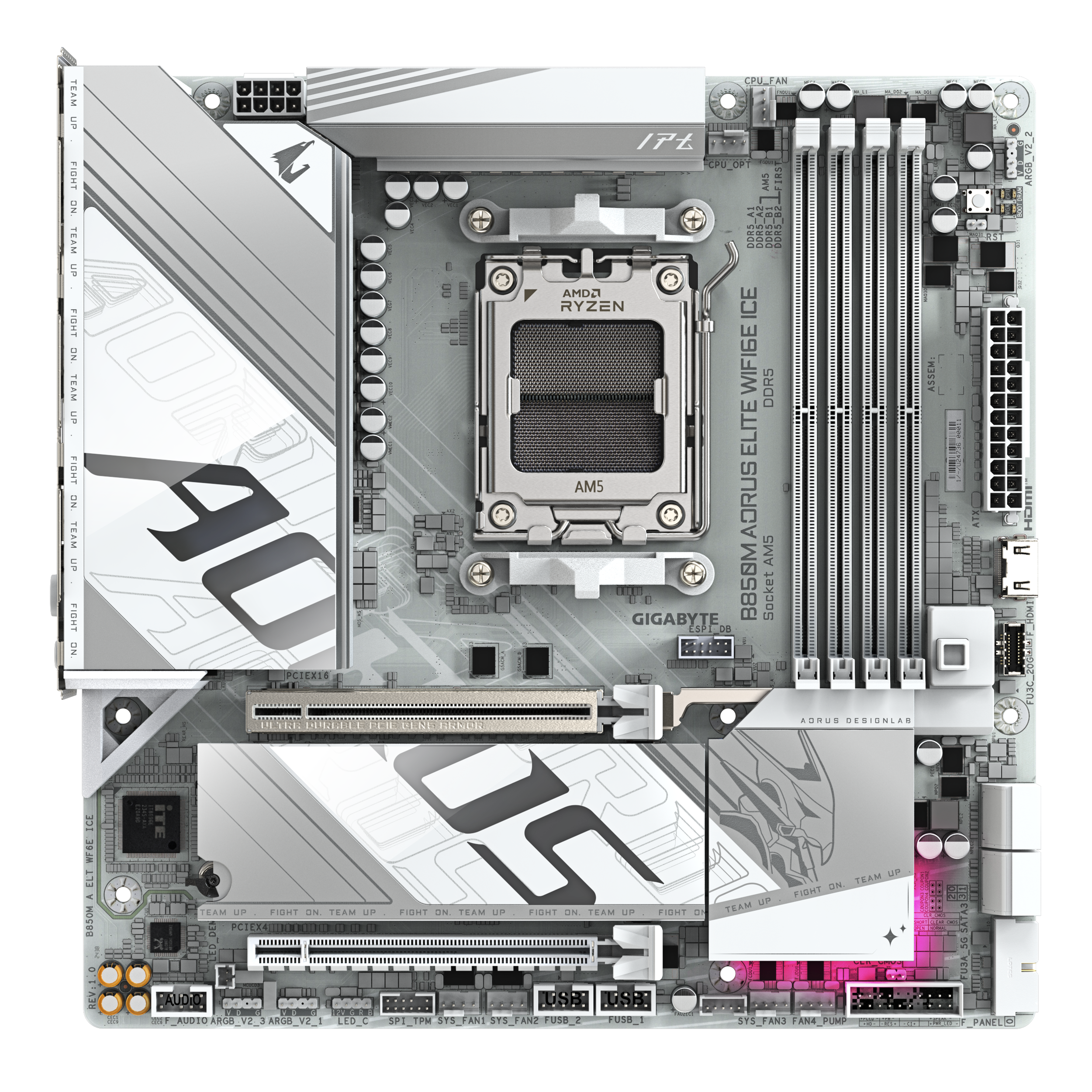 A large main feature product image of Gigabyte B850M AORUS ELITE WIFI6E ICE AM5 mATX Desktop Motherboard