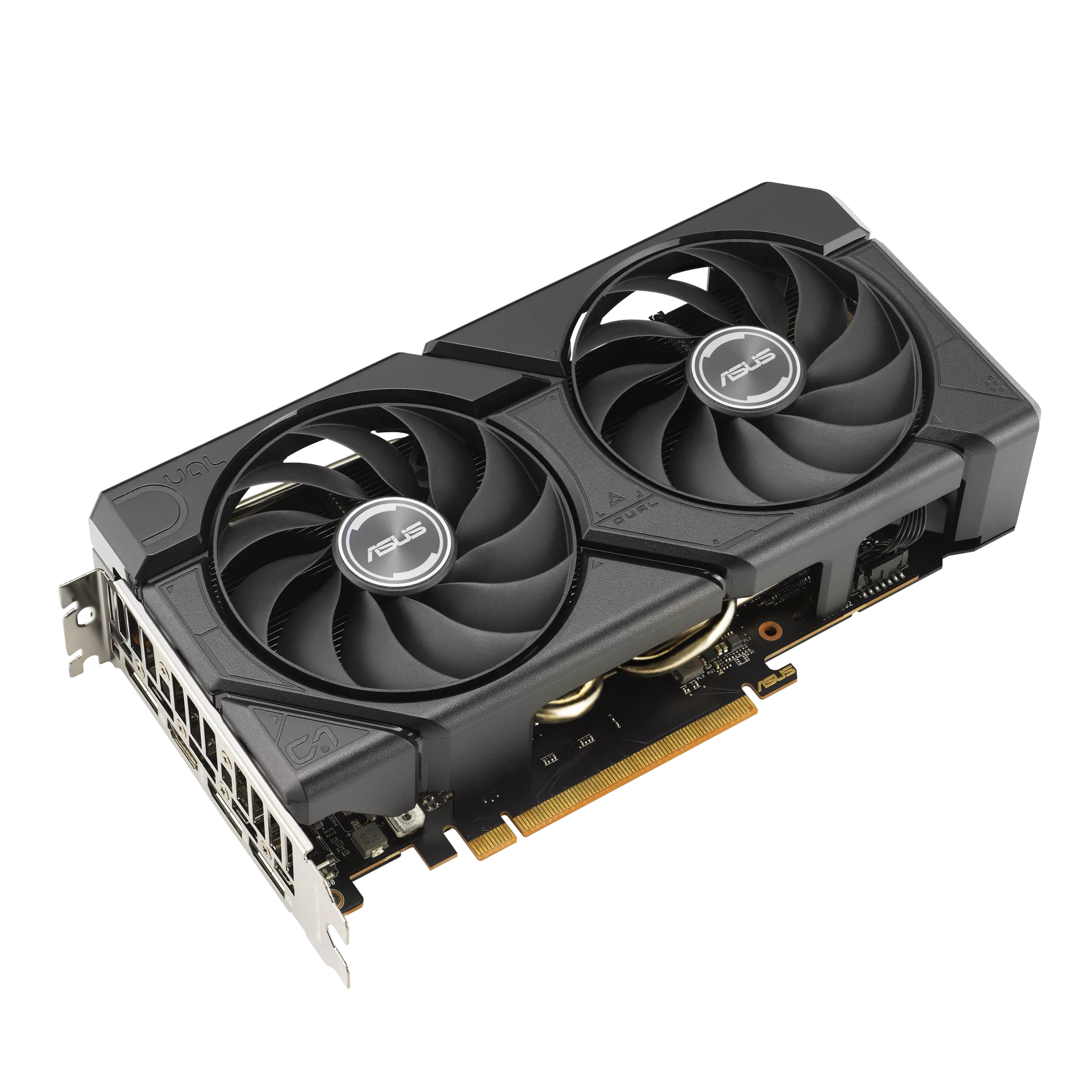 A large main feature product image of ASUS Radeon RX 7600 Dual EVO OC 8GB GDDR6