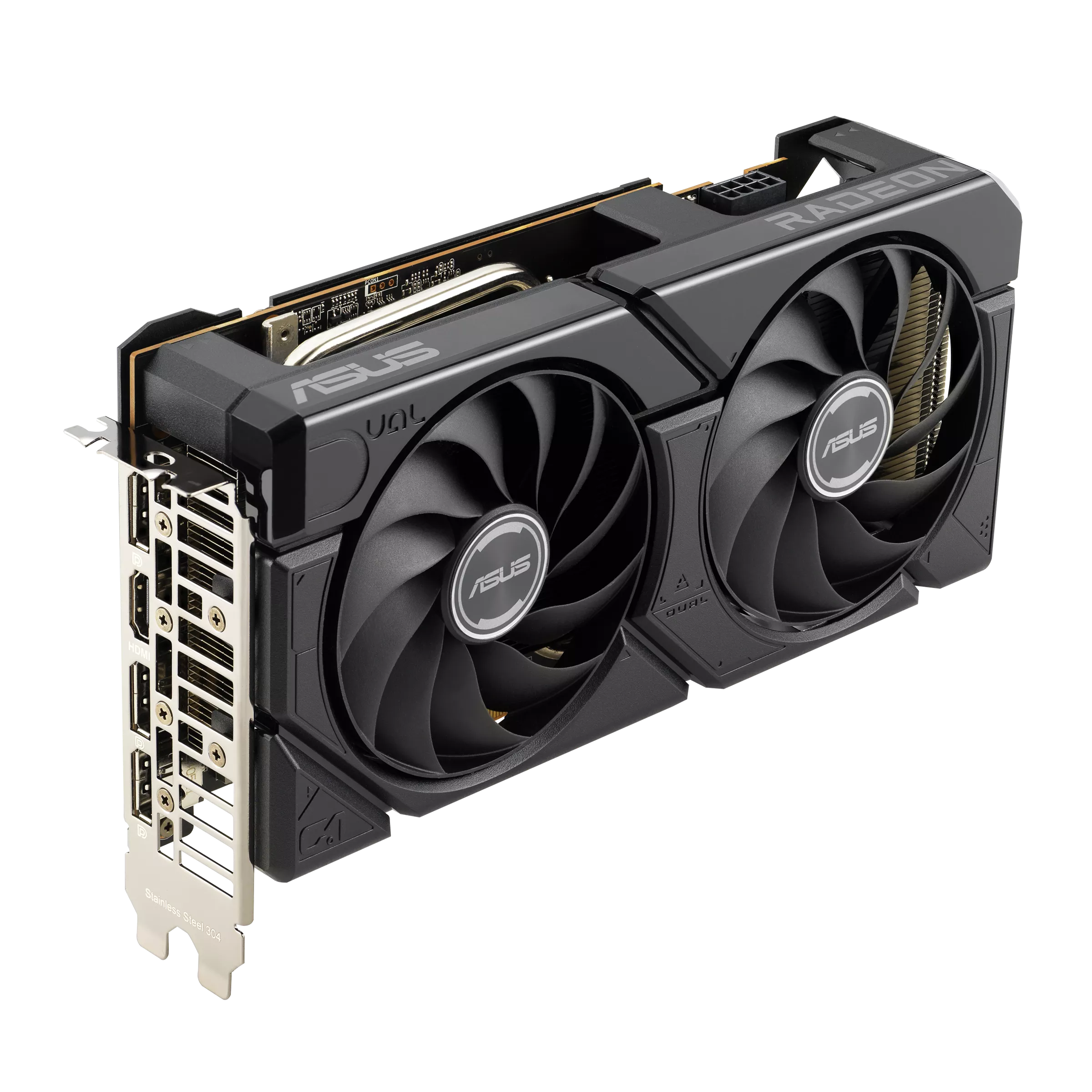 A large main feature product image of ASUS Radeon RX 7600 Dual EVO OC 8GB GDDR6