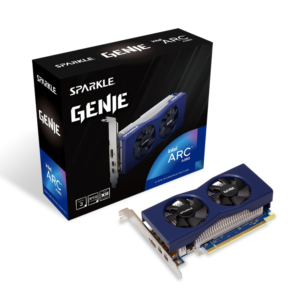 A large main feature product image of SPARKLE Intel Arc A380 GENIE Low Profile 6GB GDDR6