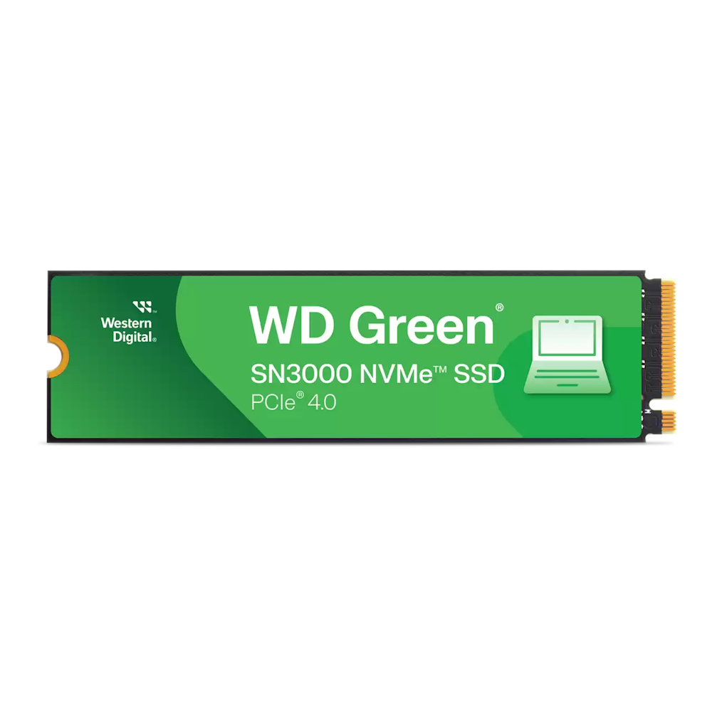 A large main feature product image of WD Green SN3000 PCIe Gen4 NVMe M.2 SSD - 1TB
