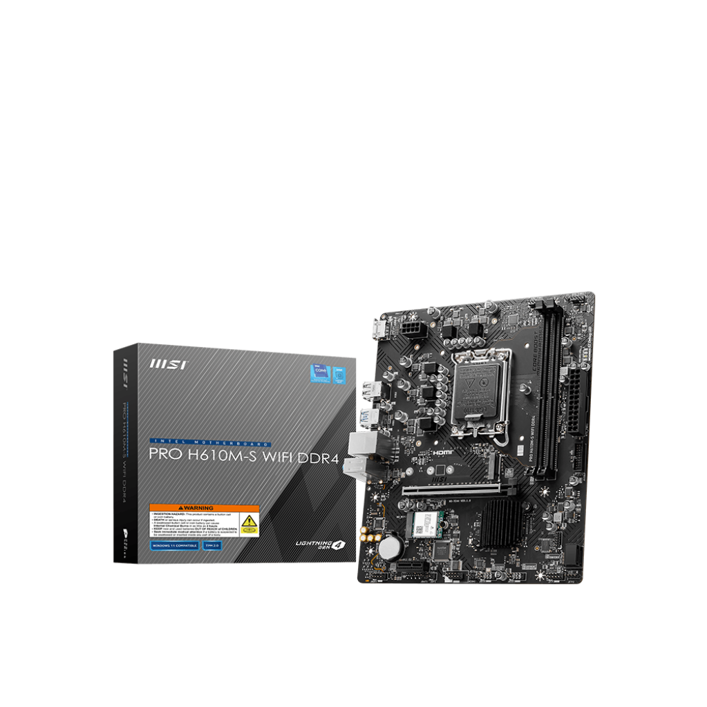 A large main feature product image of MSI PRO H610M-S WiFi DDR4 LGA1700 mATX Desktop Motherboard