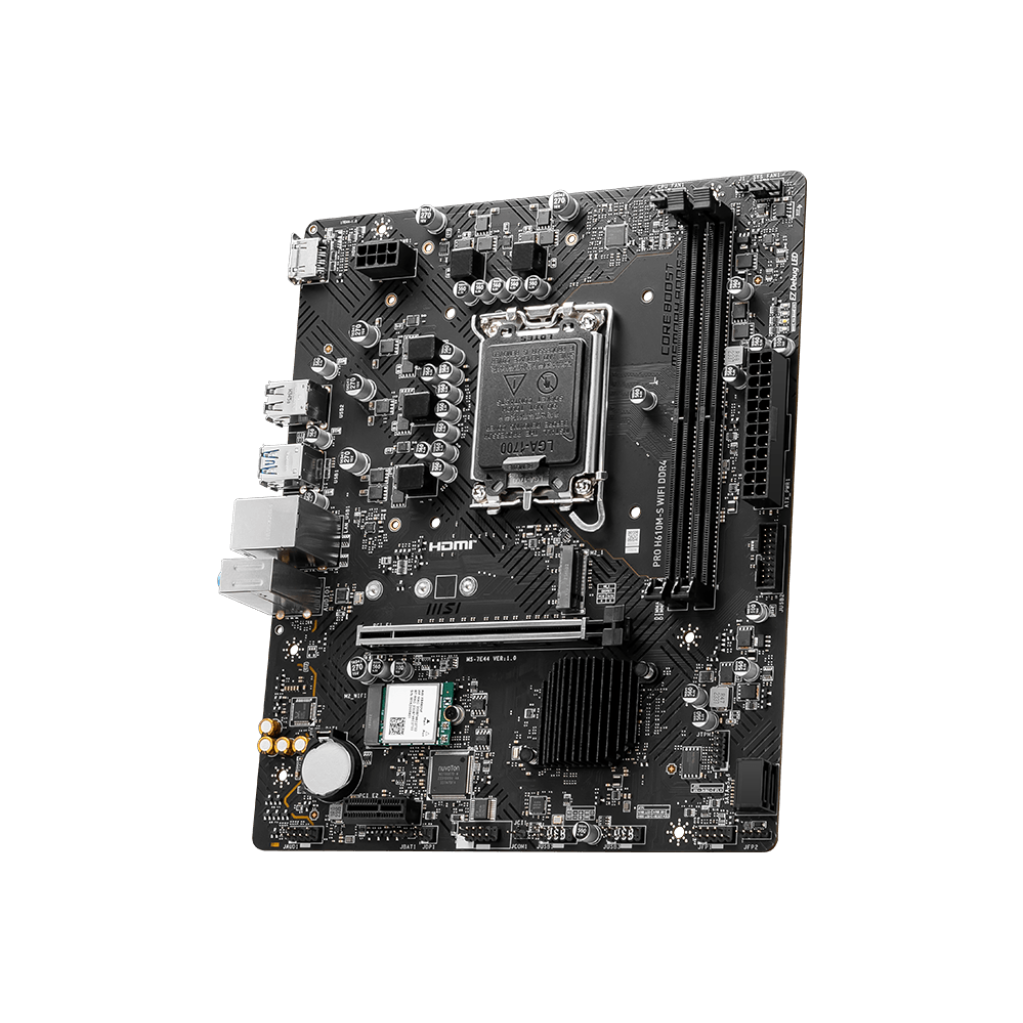 A large main feature product image of MSI PRO H610M-S WiFi DDR4 LGA1700 mATX Desktop Motherboard