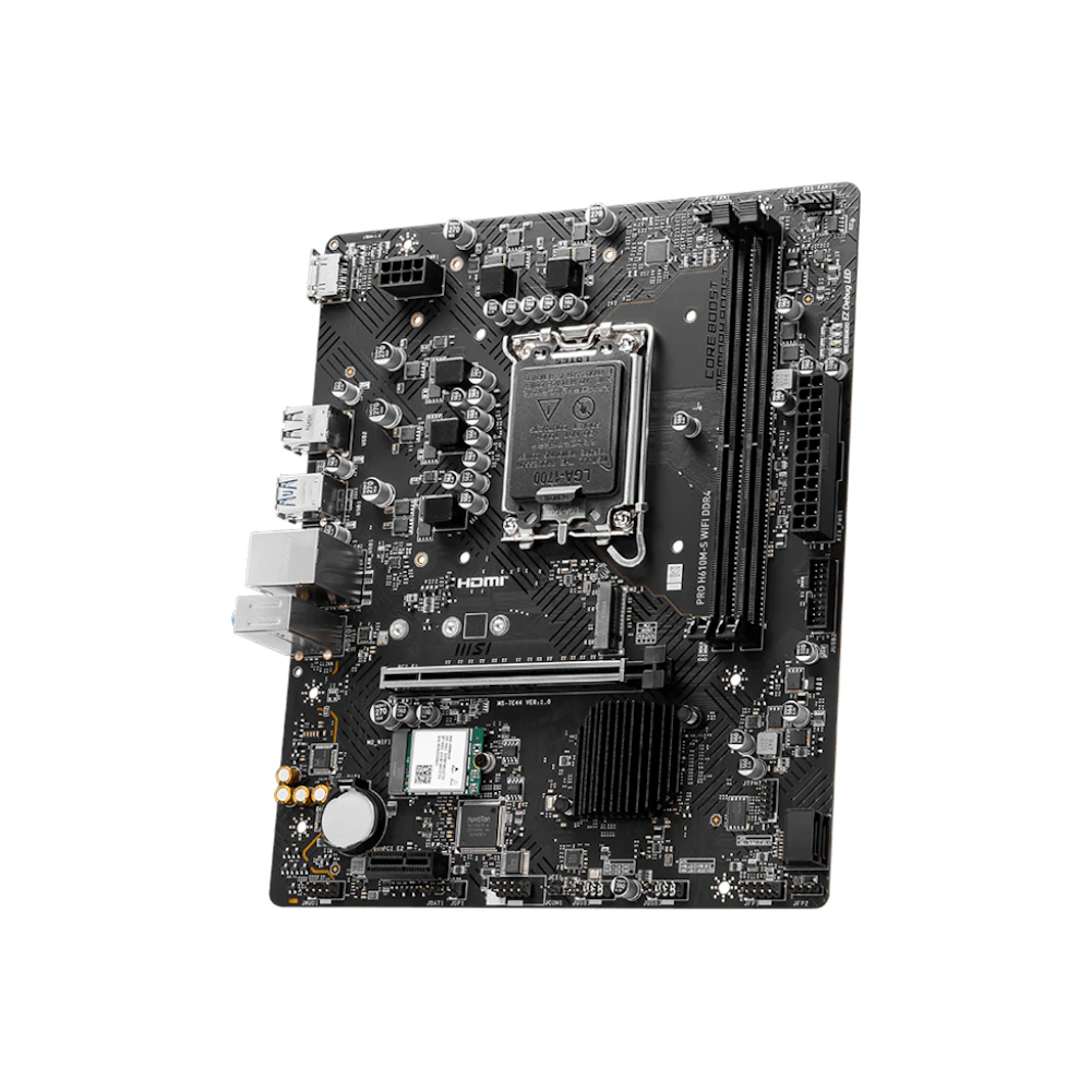 A large main feature product image of MSI PRO H610M-S WiFi DDR4 LGA1700 mATX Desktop Motherboard