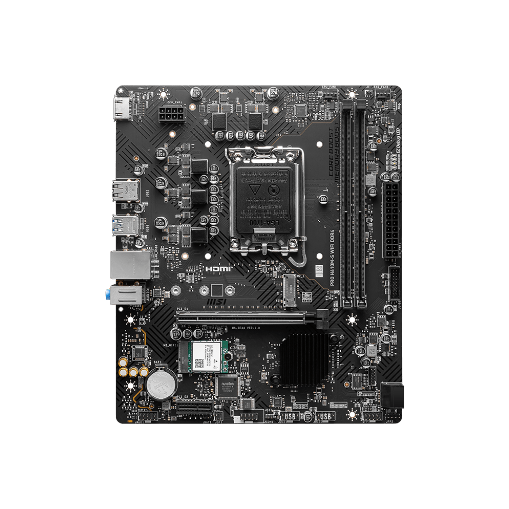 A large main feature product image of MSI PRO H610M-S WiFi DDR4 LGA1700 mATX Desktop Motherboard