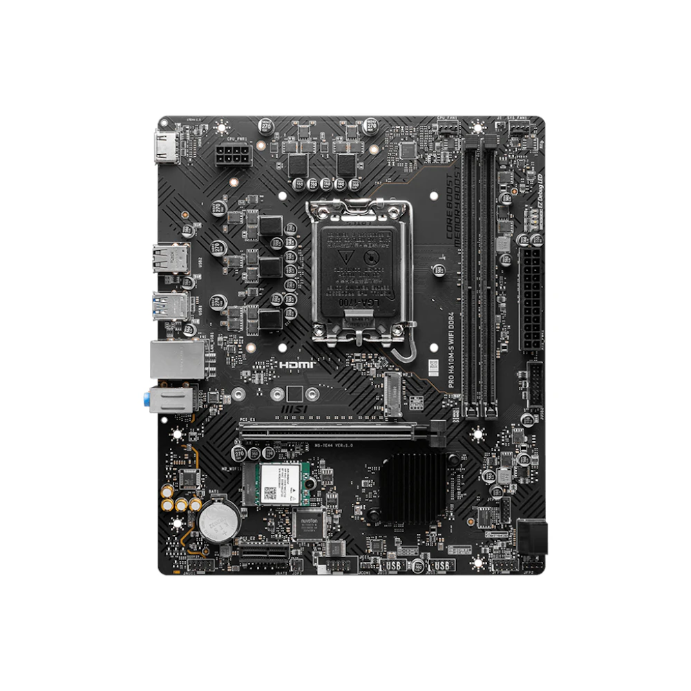 A large main feature product image of MSI PRO H610M-S WiFi DDR4 LGA1700 mATX Desktop Motherboard