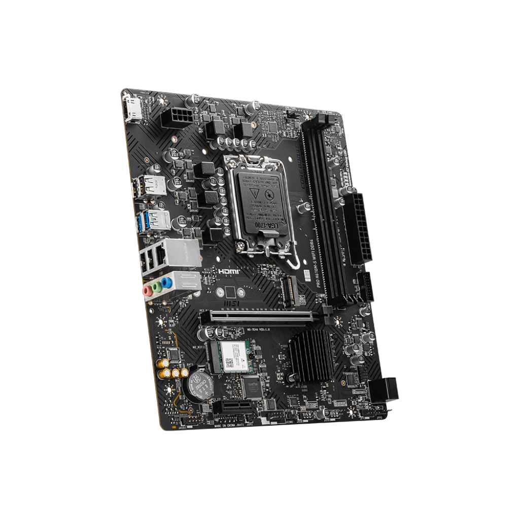 A large main feature product image of MSI PRO H610M-S WiFi DDR4 LGA1700 mATX Desktop Motherboard