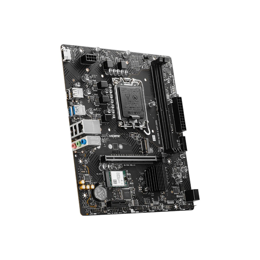 A large main feature product image of MSI PRO H610M-S WiFi DDR4 LGA1700 mATX Desktop Motherboard