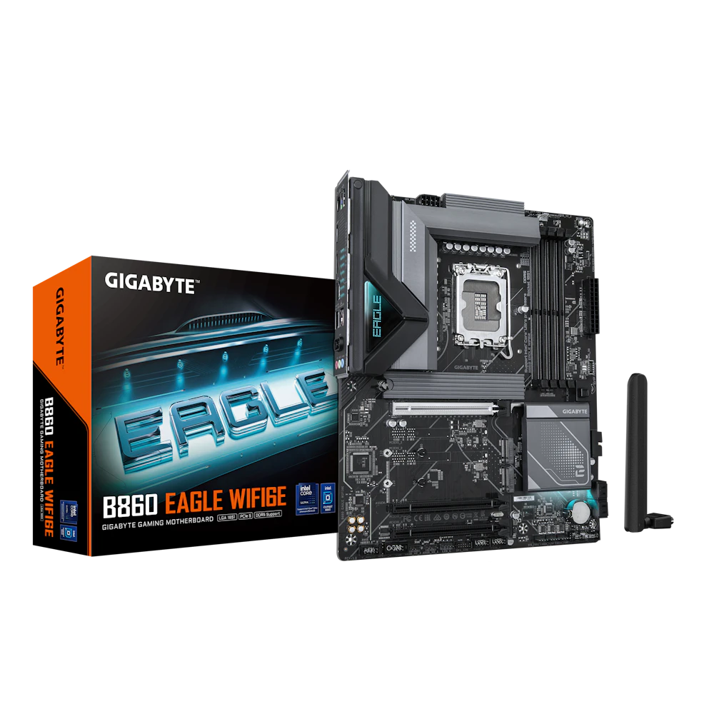 A large main feature product image of Gigabyte B860 EAGLE WiFi 6E LGA1851 ATX Desktop Motherboard