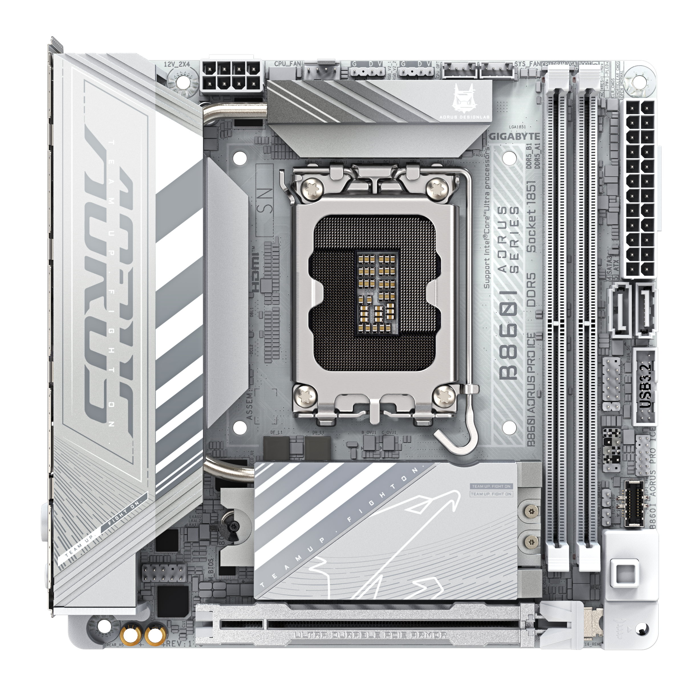 A large main feature product image of Gigabyte B860I AORUS PRO ICE LGA1851 Mini-ITX Desktop Motherboard