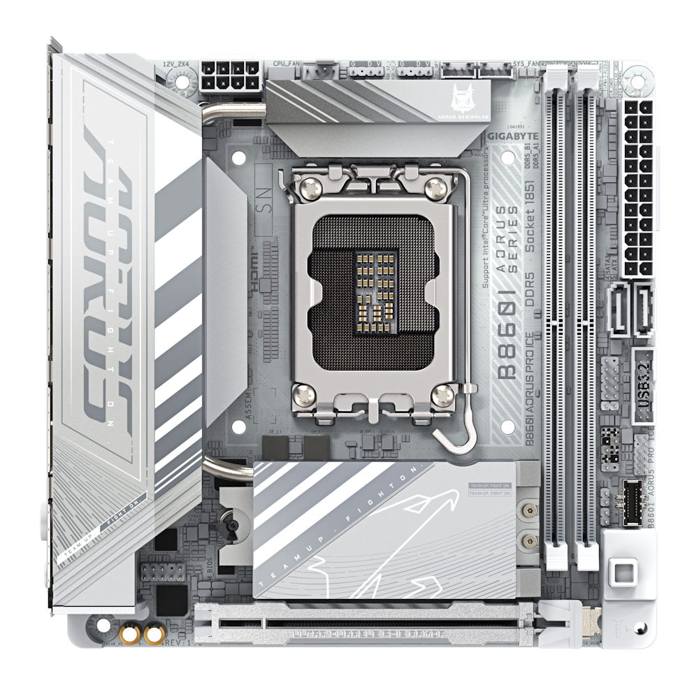 A large main feature product image of Gigabyte B860I AORUS PRO ICE LGA1851 Mini-ITX Desktop Motherboard